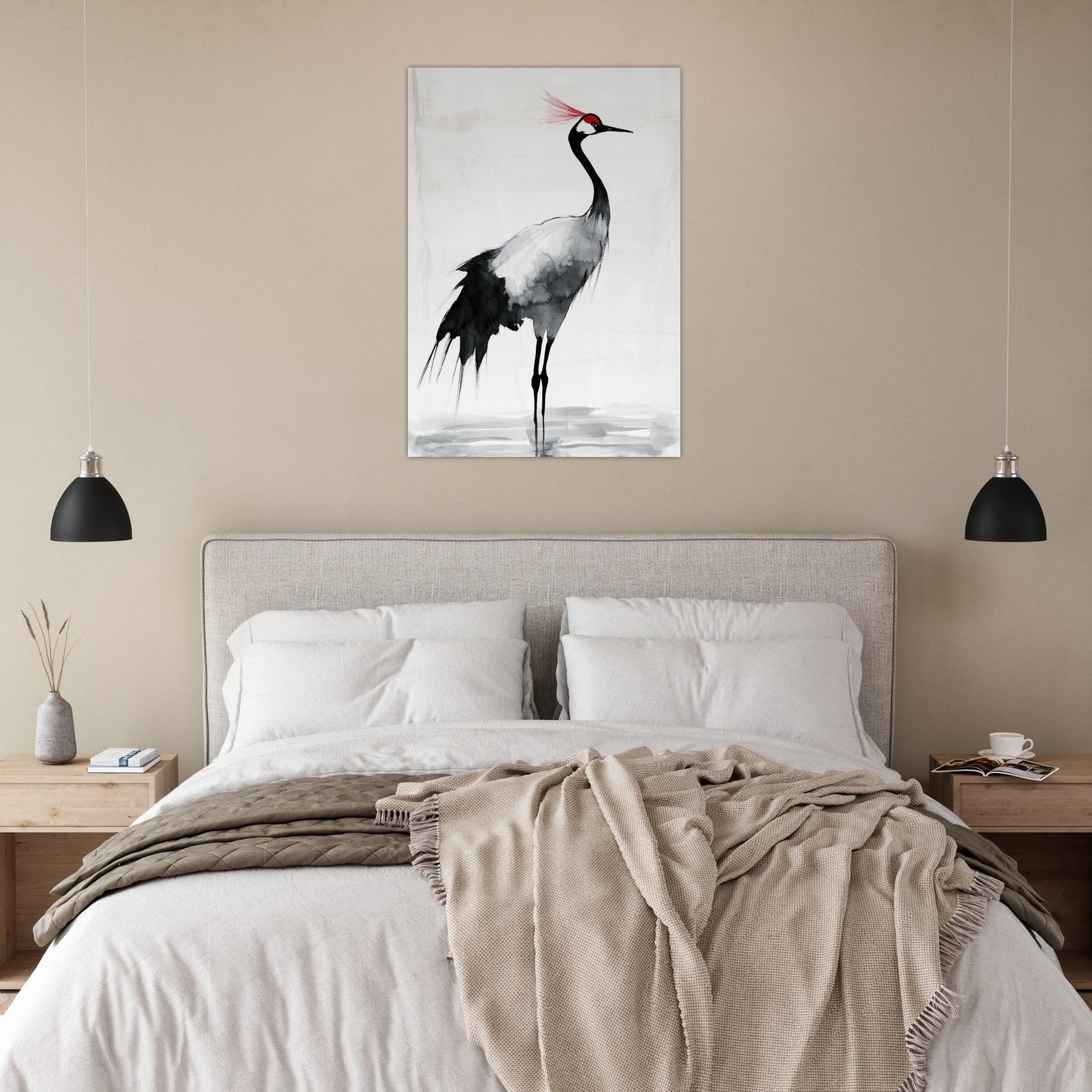Aluminum Print Portrait - Japanese Ink Wash Painting of a Crane A graceful 2 - Shop Ai Art WebShop - Digital Art online Store