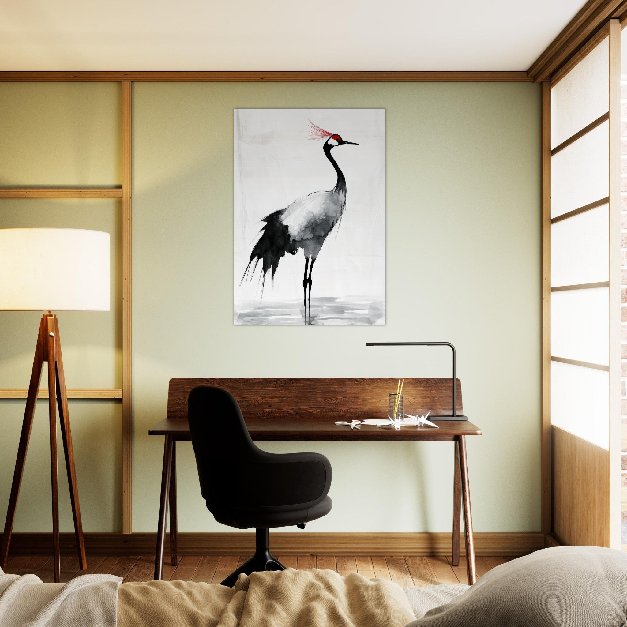 Aluminum Print Portrait - Japanese Ink Wash Painting of a Crane A graceful 2 - Shop Ai Art WebShop - Digital Art online Store