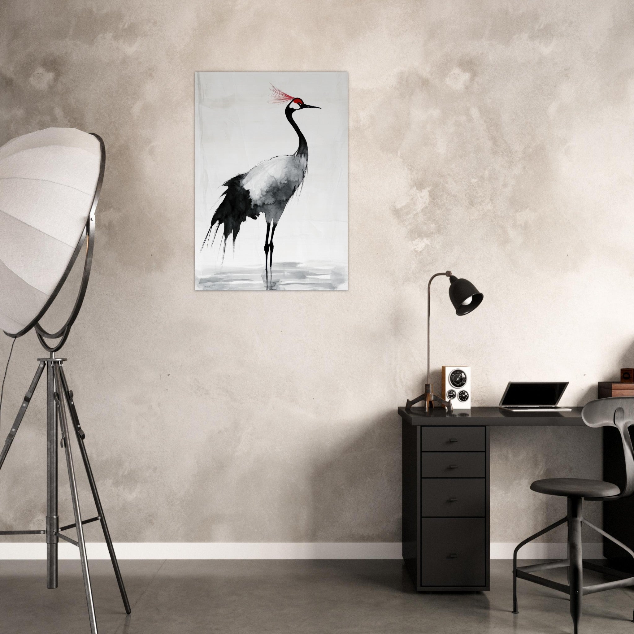 Aluminum Print Portrait - Japanese Ink Wash Painting of a Crane A graceful 2 - Shop Ai Art WebShop - Digital Art online Store