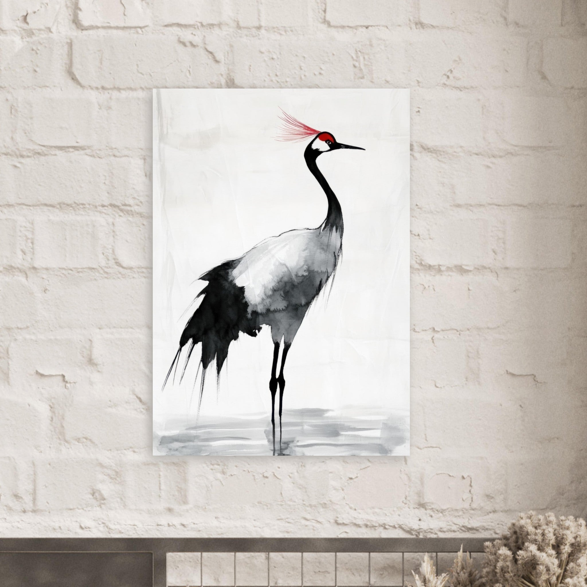 Aluminum Print Portrait - Japanese Ink Wash Painting of a Crane A graceful 2 - Shop Ai Art WebShop - Digital Art online Store