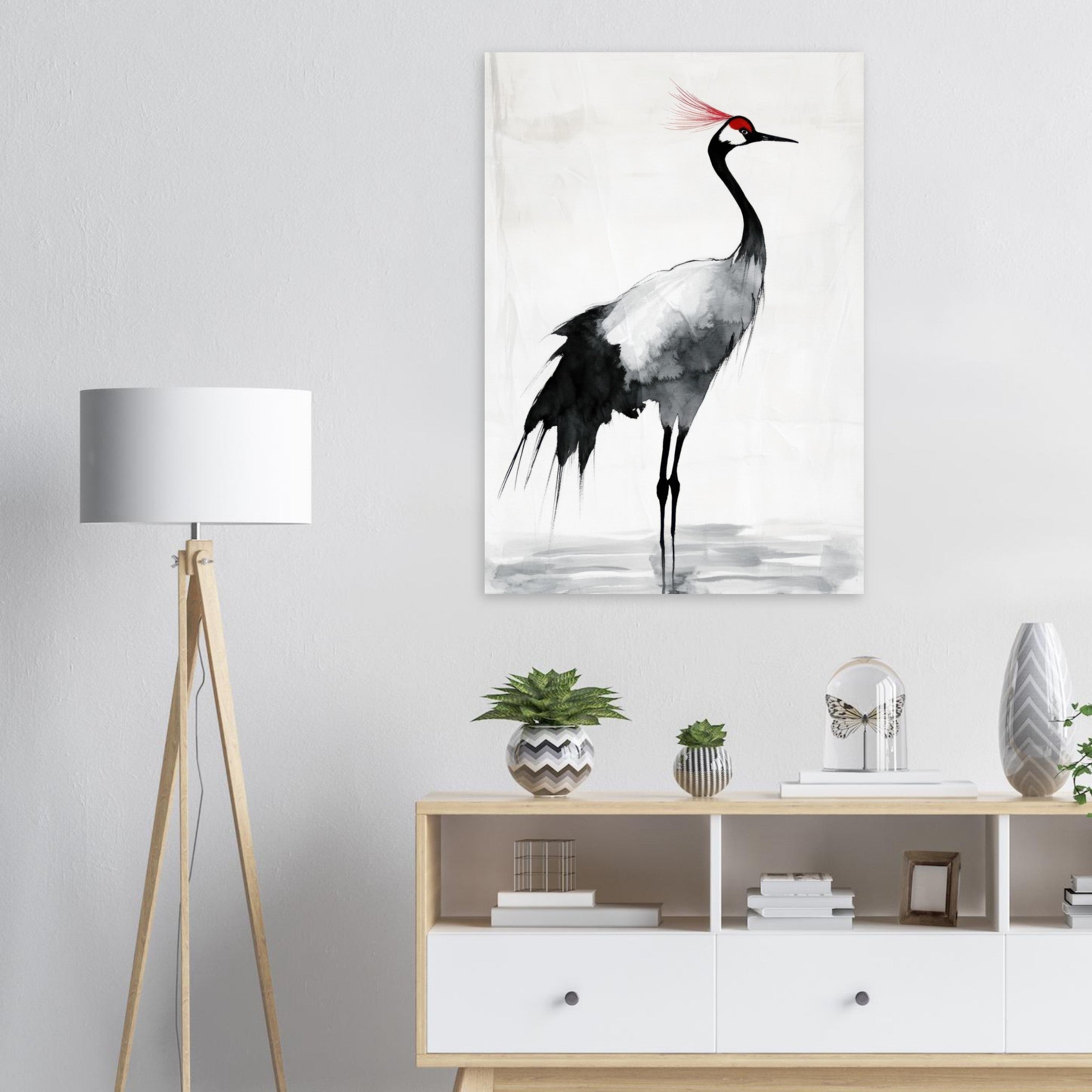 Aluminum Print Portrait - Japanese Ink Wash Painting of a Crane A graceful 2 - Shop Ai Art WebShop - Digital Art online Store