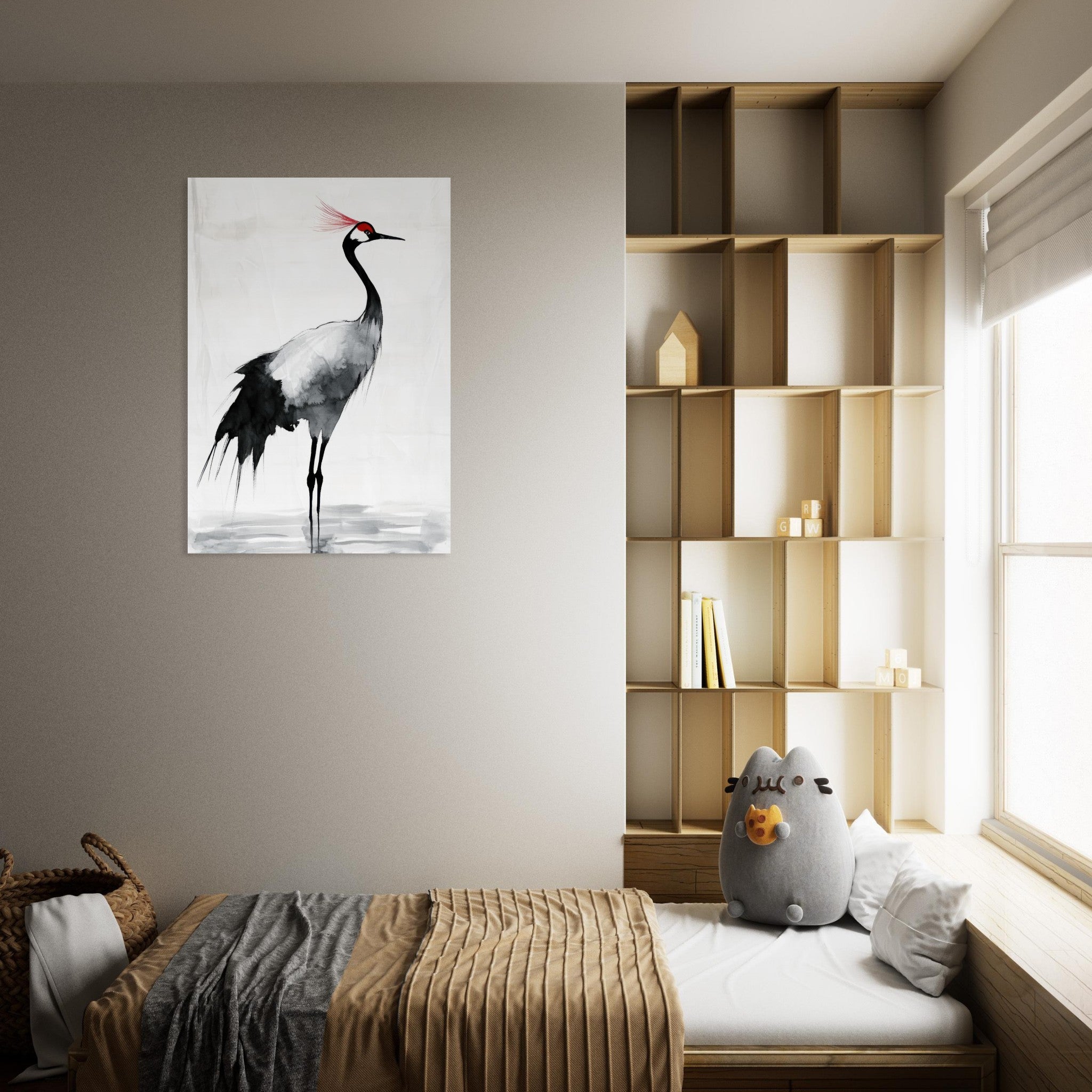 Aluminum Print Portrait - Japanese Ink Wash Painting of a Crane A graceful 2 - Shop Ai Art WebShop - Digital Art online Store