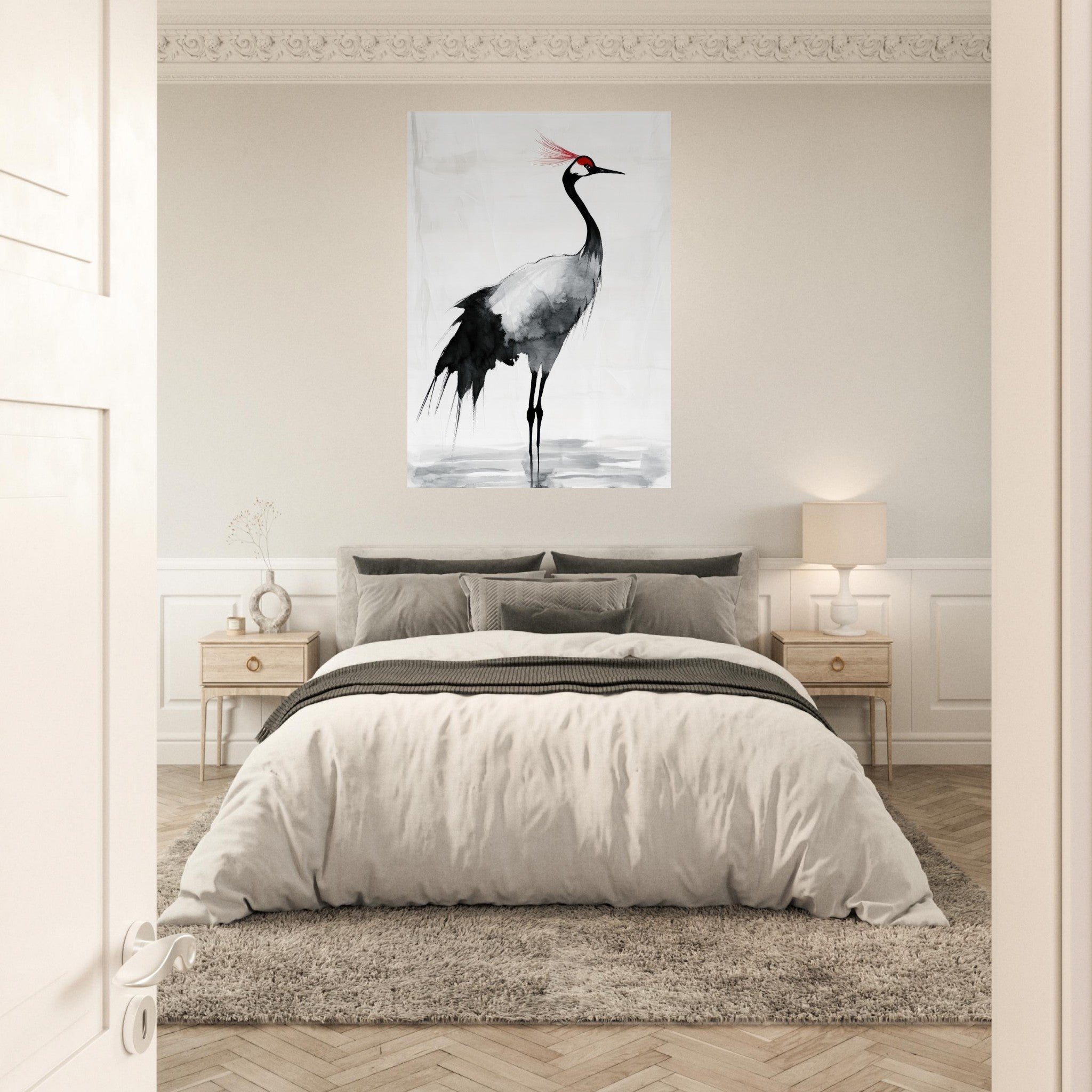 Aluminum Print Portrait - Japanese Ink Wash Painting of a Crane A graceful 2 - Shop Ai Art WebShop - Digital Art online Store