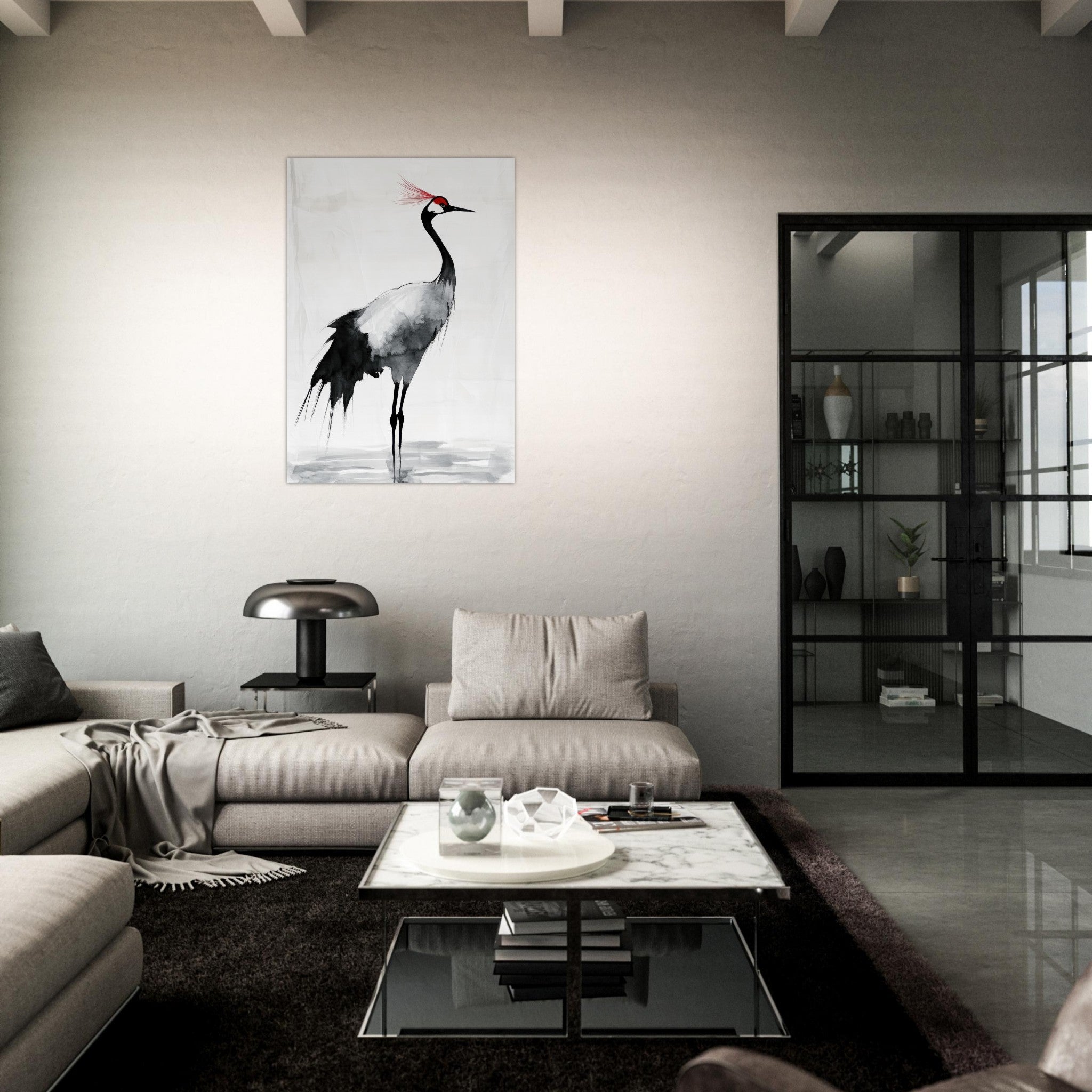 Aluminum Print Portrait - Japanese Ink Wash Painting of a Crane A graceful 2 - Shop Ai Art WebShop - Digital Art online Store