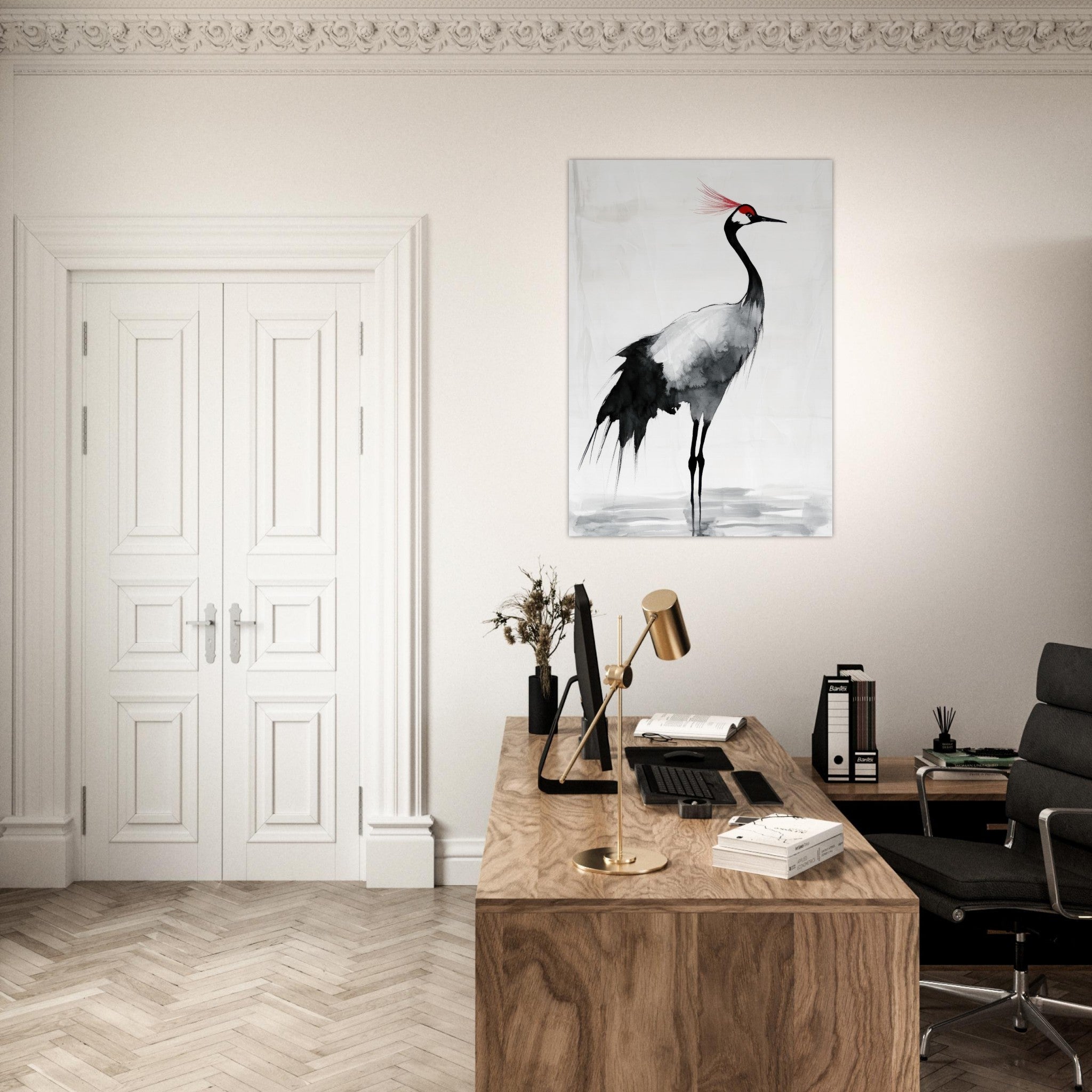 Aluminum Print Portrait - Japanese Ink Wash Painting of a Crane A graceful 2 - Shop Ai Art WebShop - Digital Art online Store