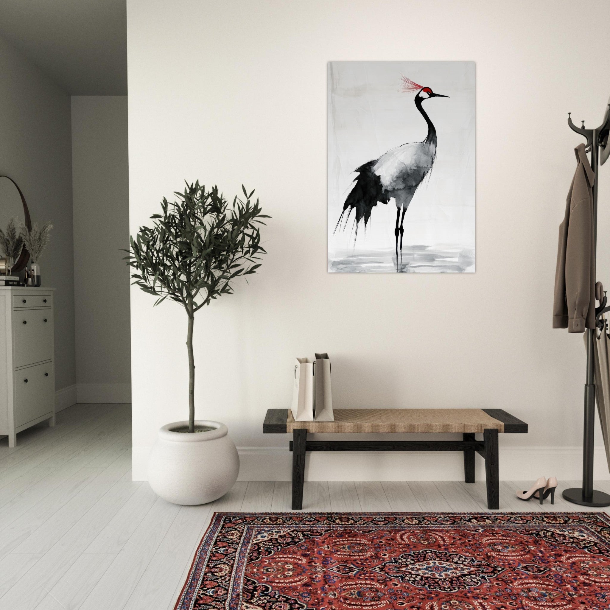 Aluminum Print Portrait - Japanese Ink Wash Painting of a Crane A graceful 2 - Shop Ai Art WebShop - Digital Art online Store