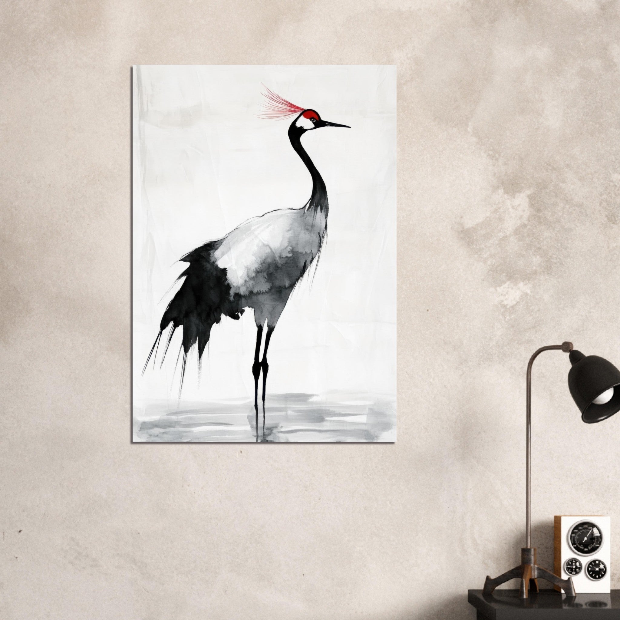 Aluminum Print Portrait - Japanese Ink Wash Painting of a Crane A graceful 2 - Shop Ai Art WebShop - Digital Art online Store