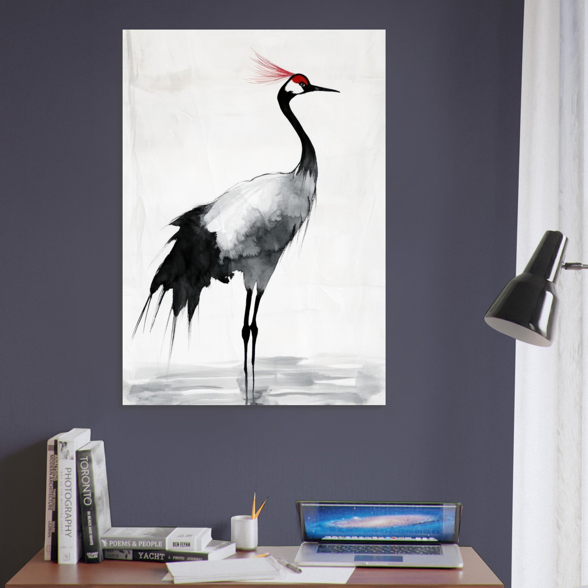 Aluminum Print Portrait - Japanese Ink Wash Painting of a Crane A graceful 2 - Shop Ai Art WebShop - Digital Art online Store