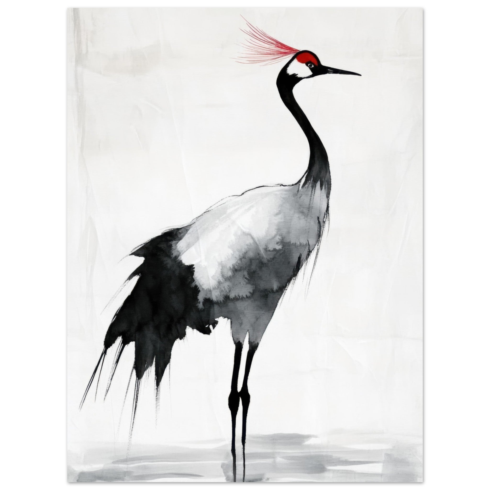 Aluminum Print Portrait - Japanese Ink Wash Painting of a Crane A graceful 2 - Shop Ai Art WebShop - Digital Art online Store