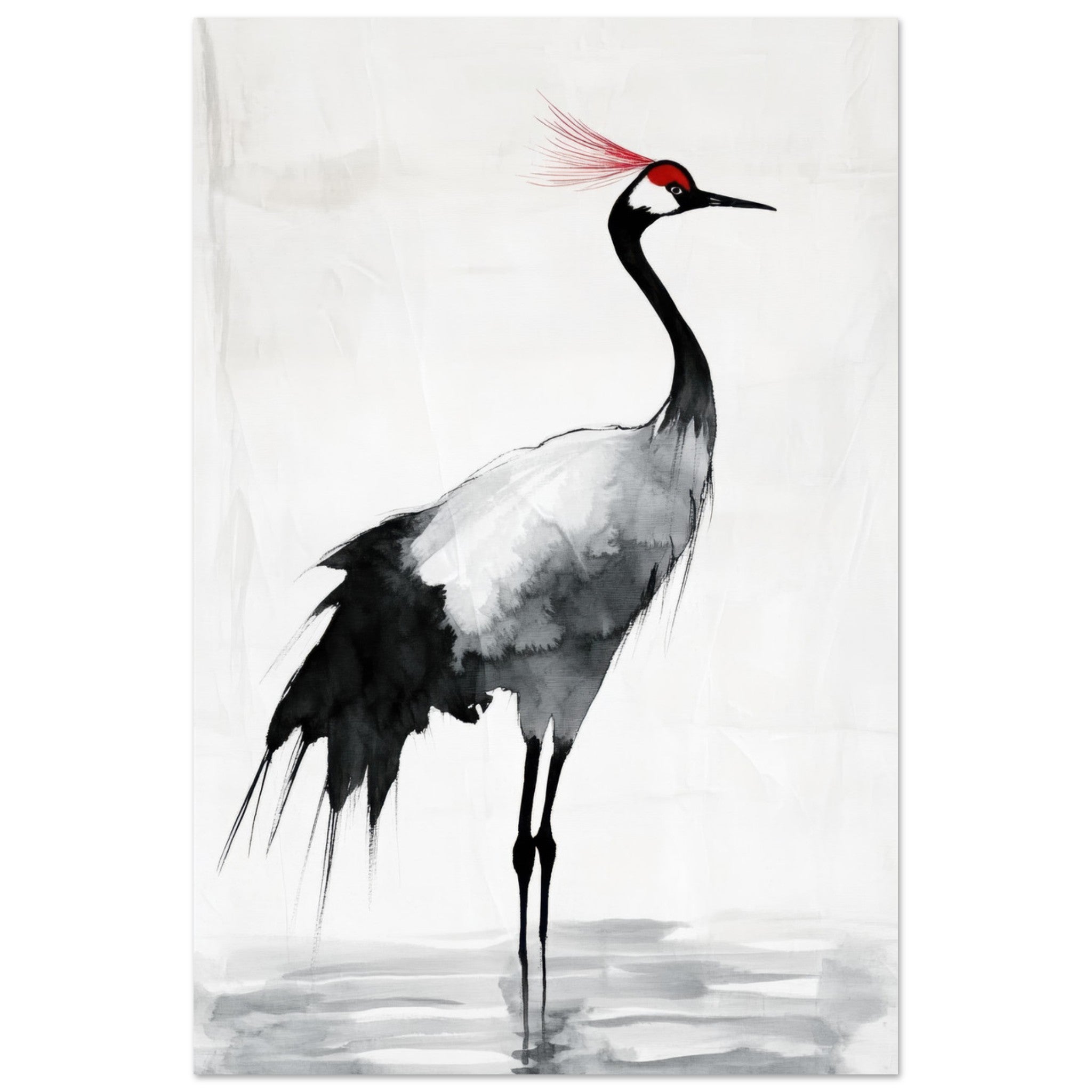 Aluminum Print Portrait - Japanese Ink Wash Painting of a Crane A graceful 2 - Shop Ai Art WebShop - Digital Art online Store