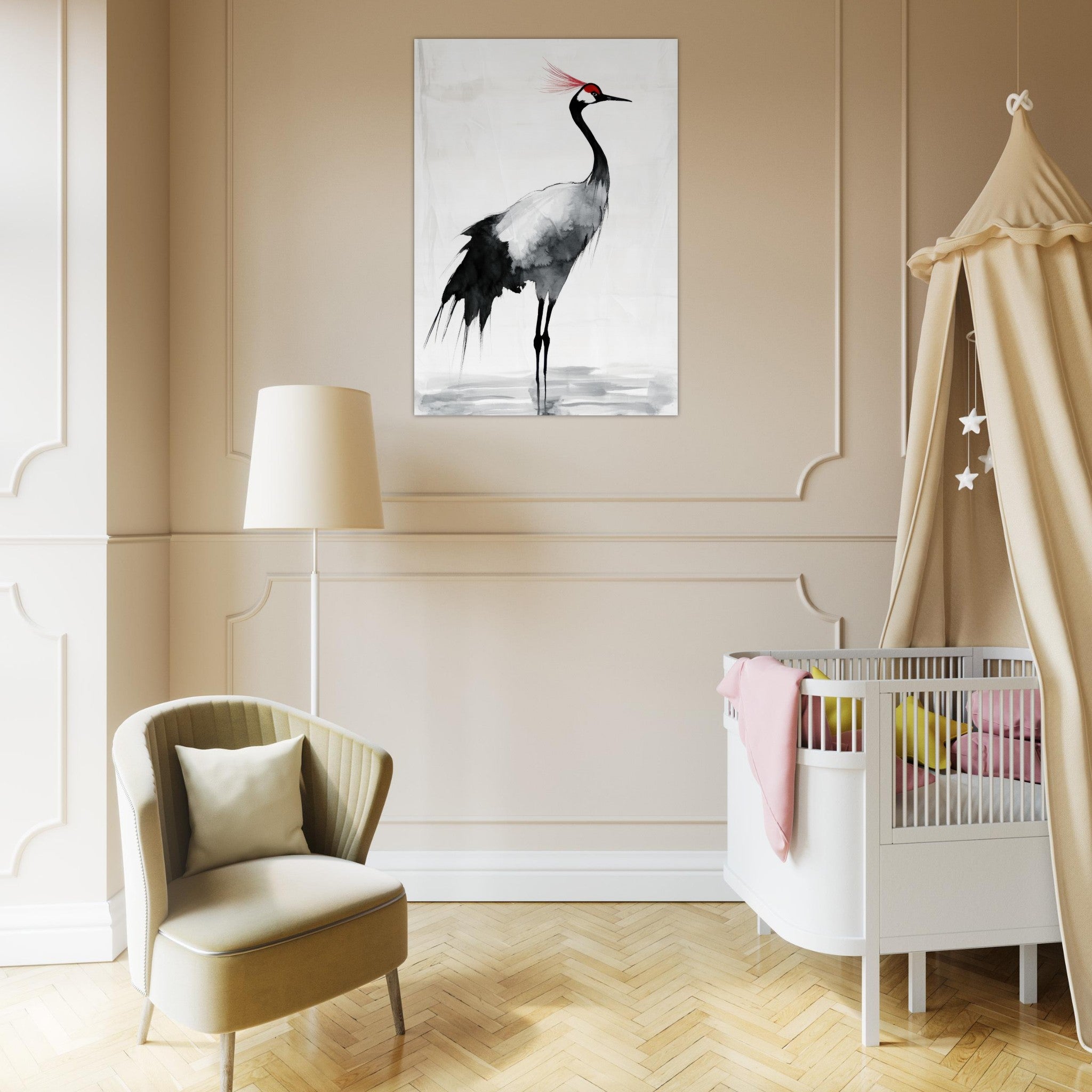 Aluminum Print Portrait - Japanese Ink Wash Painting of a Crane A graceful 2 - Shop Ai Art WebShop - Digital Art online Store