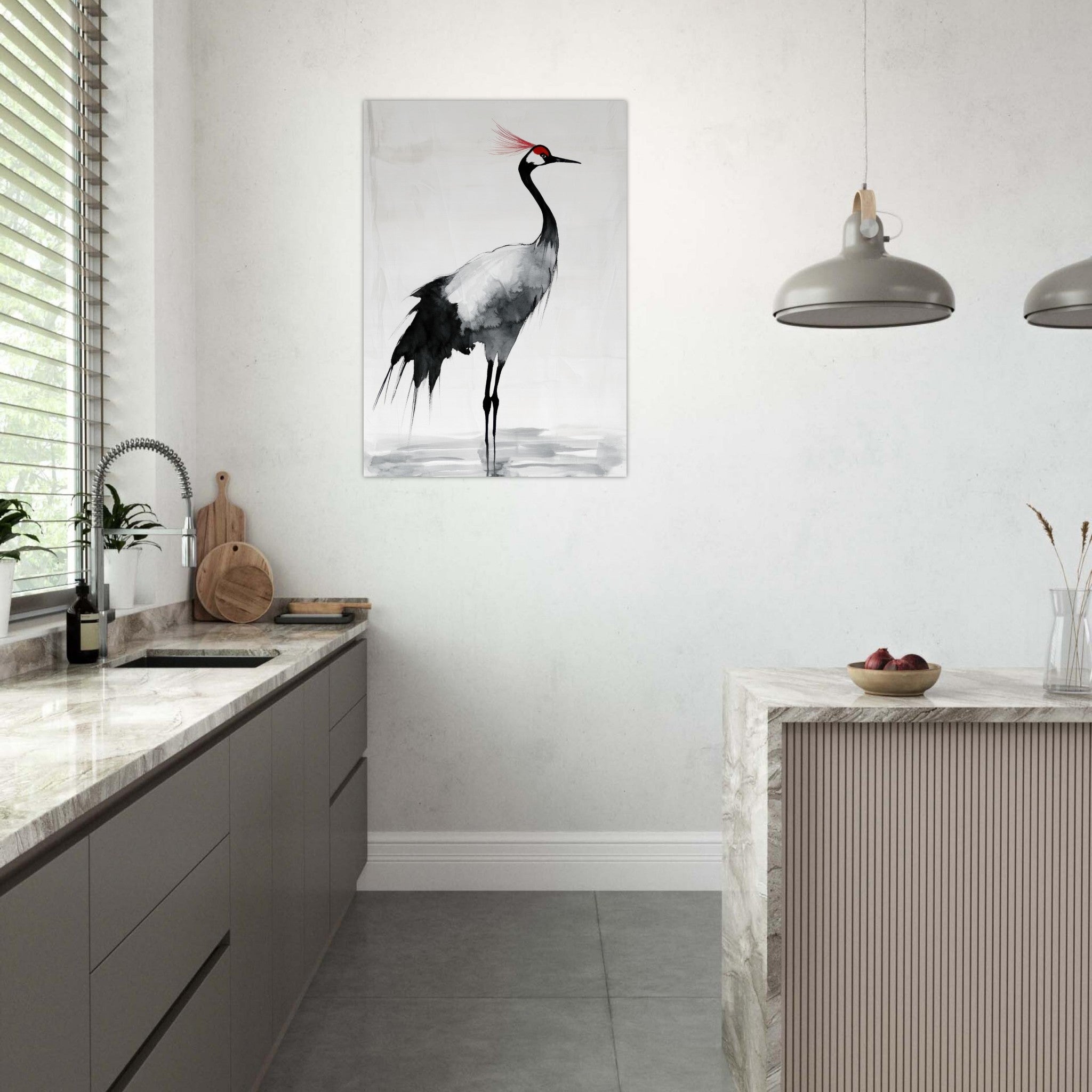 Aluminum Print Portrait - Japanese Ink Wash Painting of a Crane A graceful 2 - Shop Ai Art WebShop - Digital Art online Store