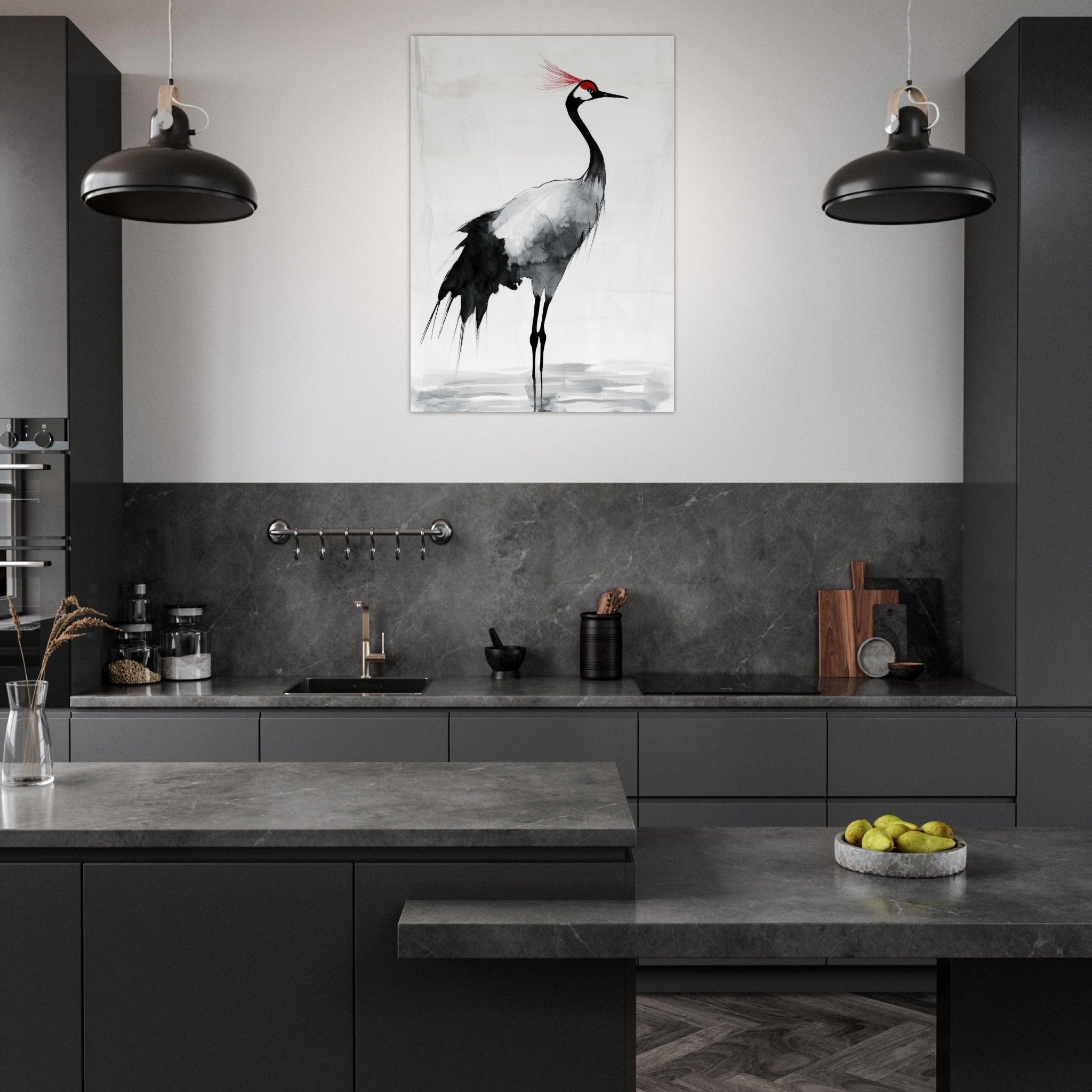 Aluminum Print Portrait - Japanese Ink Wash Painting of a Crane A graceful 2 - Shop Ai Art WebShop - Digital Art online Store