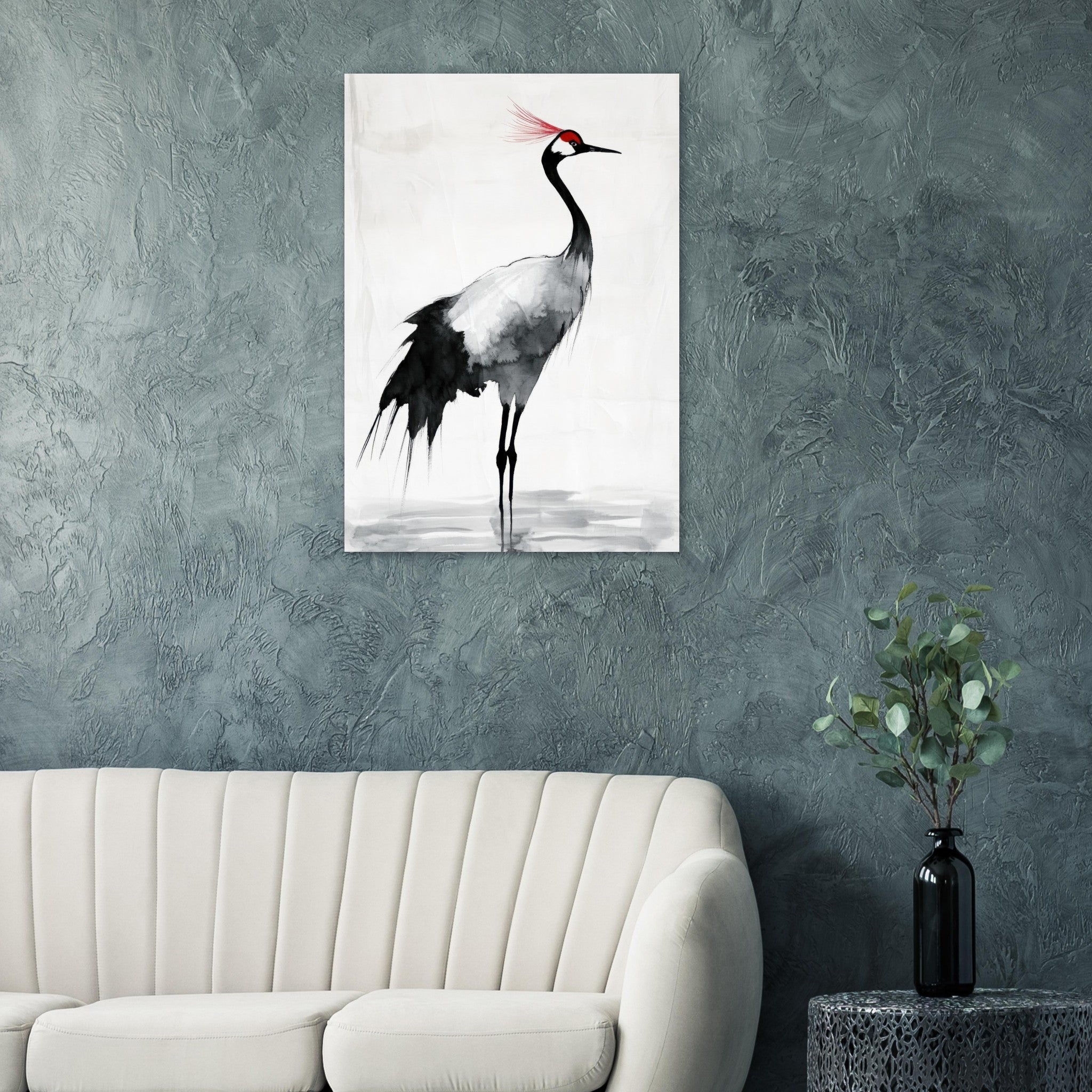 Aluminum Print Portrait - Japanese Ink Wash Painting of a Crane A graceful 2 - Shop Ai Art WebShop - Digital Art online Store