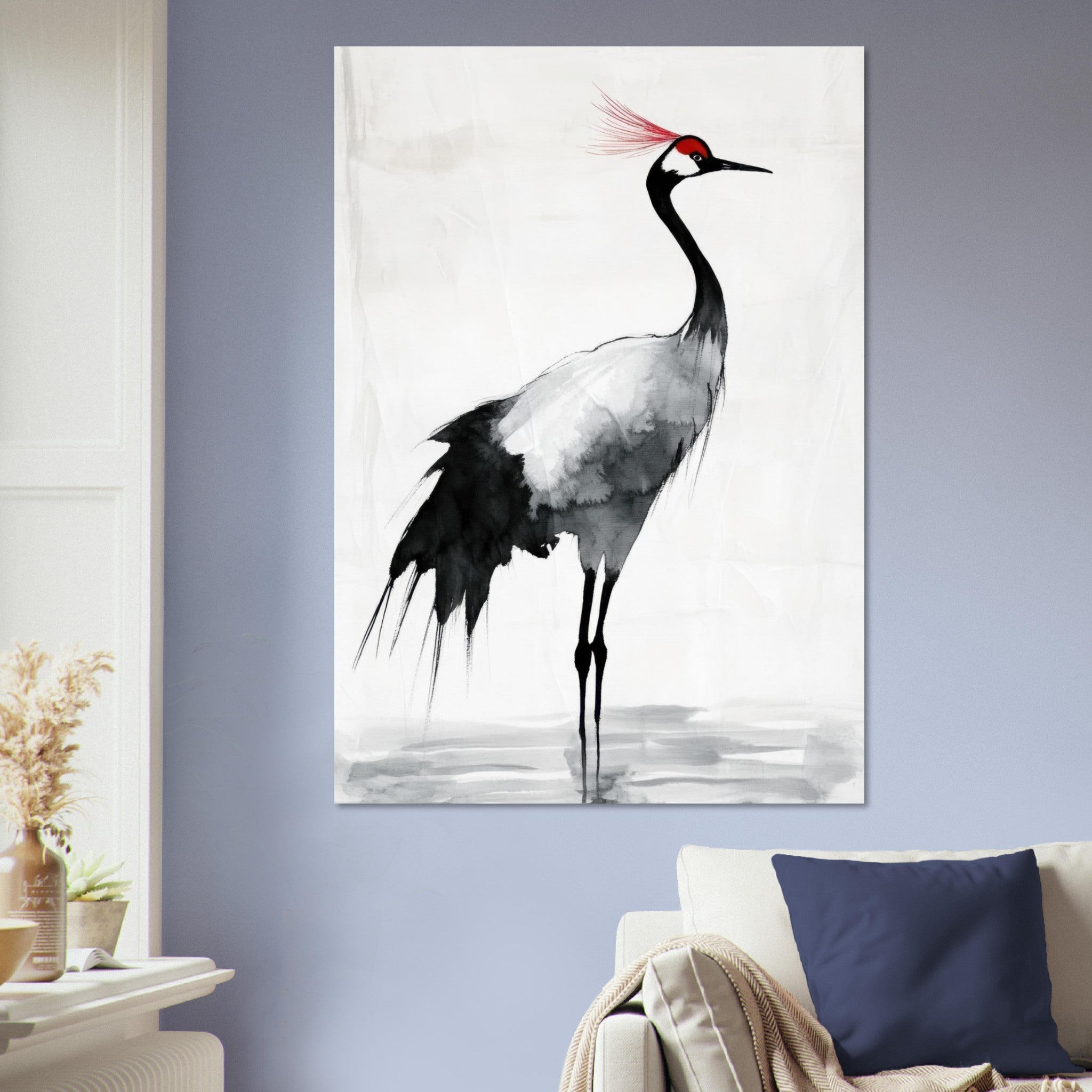 Aluminum Print Portrait - Japanese Ink Wash Painting of a Crane A graceful 2 - Shop Ai Art WebShop - Digital Art online Store