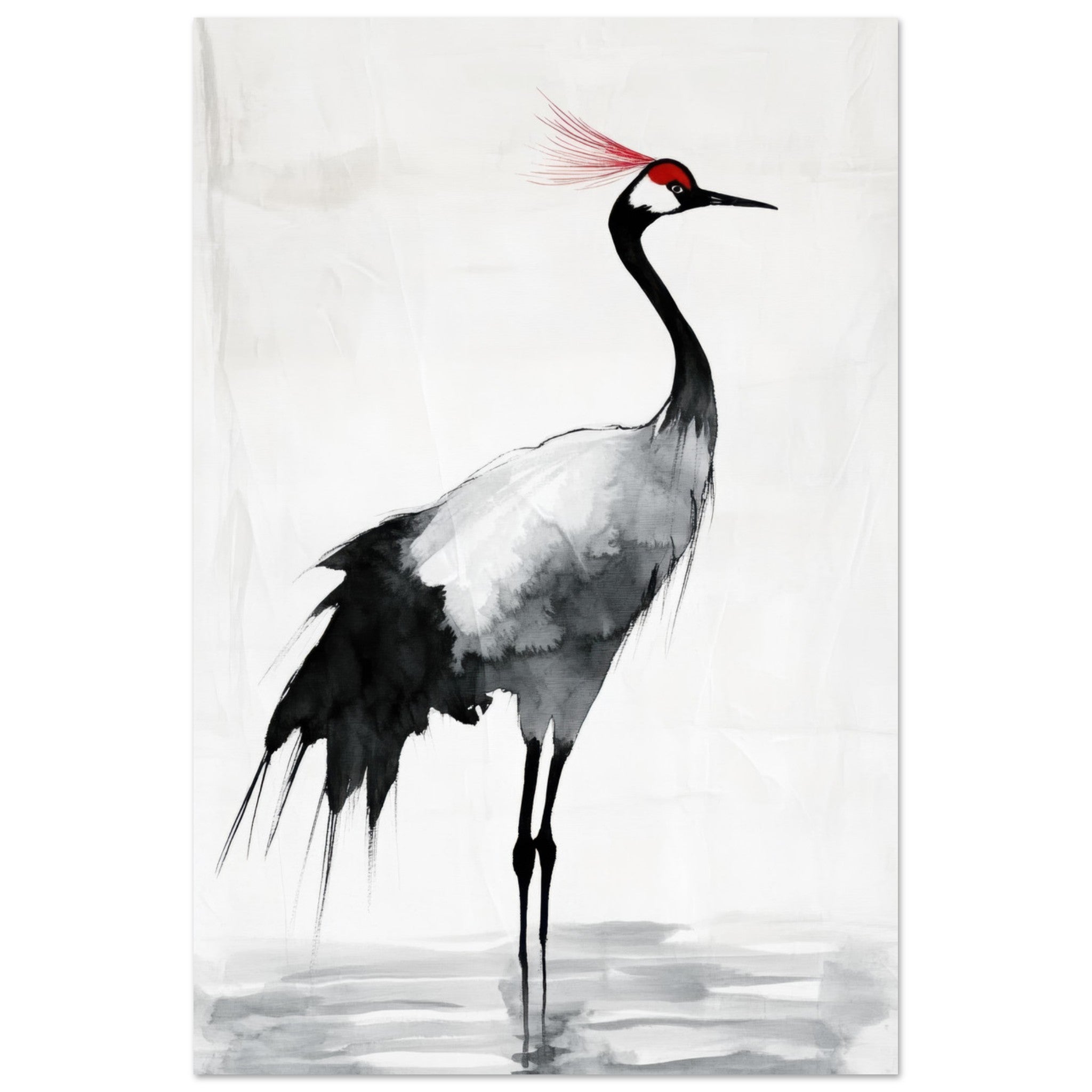Aluminum Print Portrait - Japanese Ink Wash Painting of a Crane A graceful 2 - Shop Ai Art WebShop - Digital Art online Store