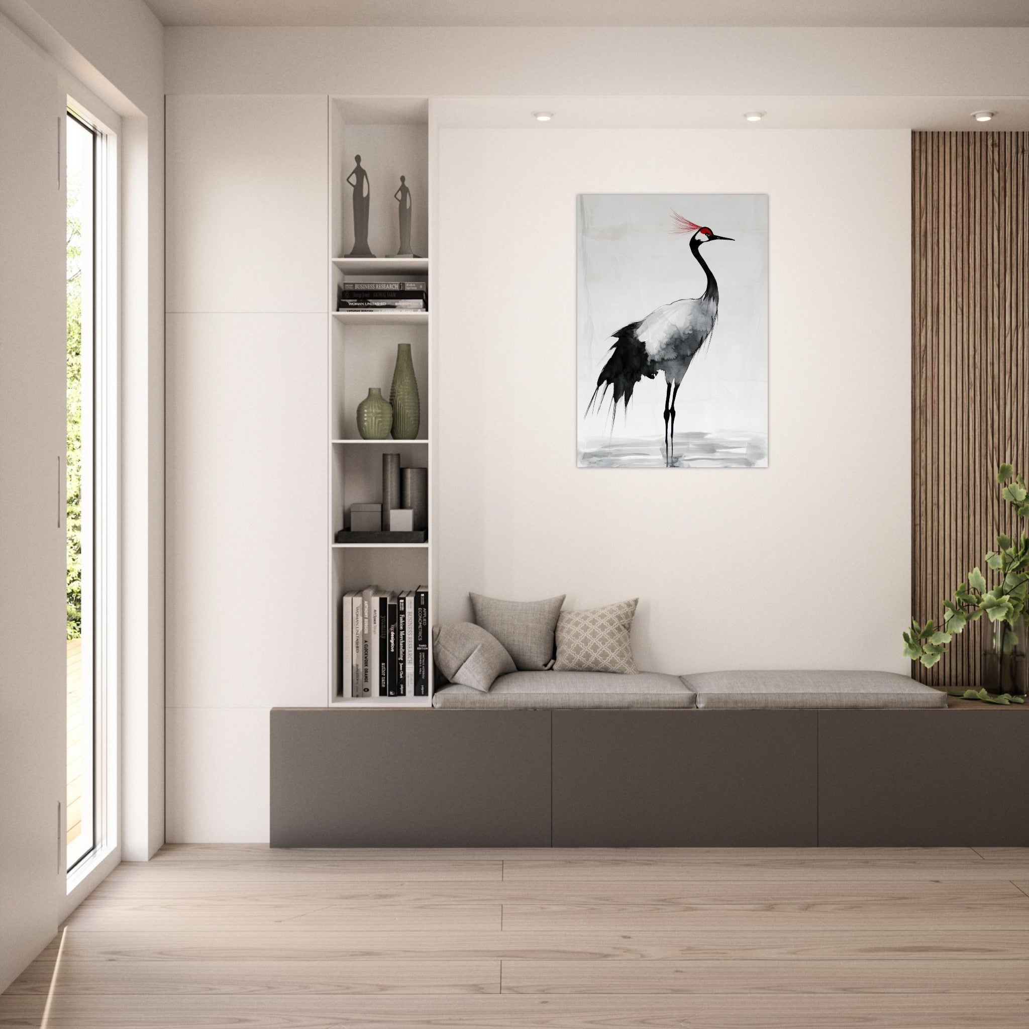 Aluminum Print Portrait - Japanese Ink Wash Painting of a Crane A graceful 2 - Shop Ai Art WebShop - Digital Art online Store
