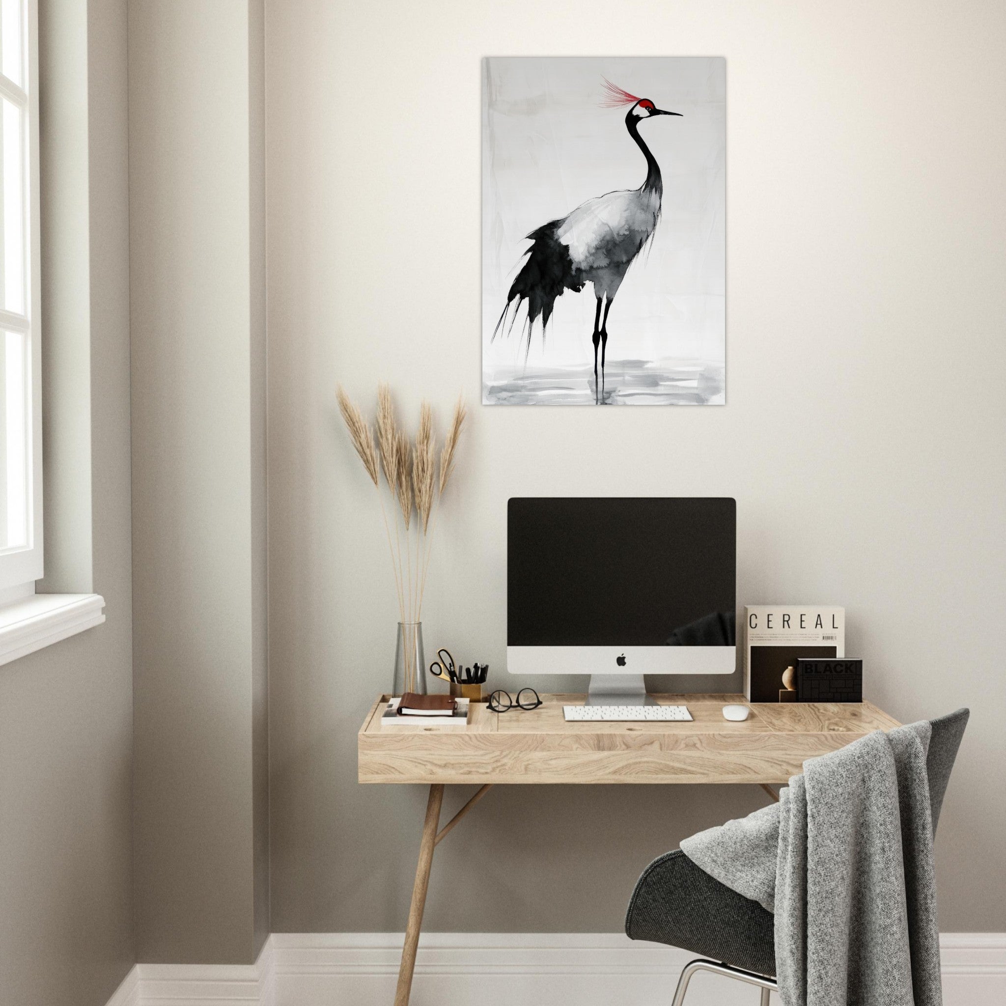 Aluminum Print Portrait - Japanese Ink Wash Painting of a Crane A graceful 2 - Shop Ai Art WebShop - Digital Art online Store