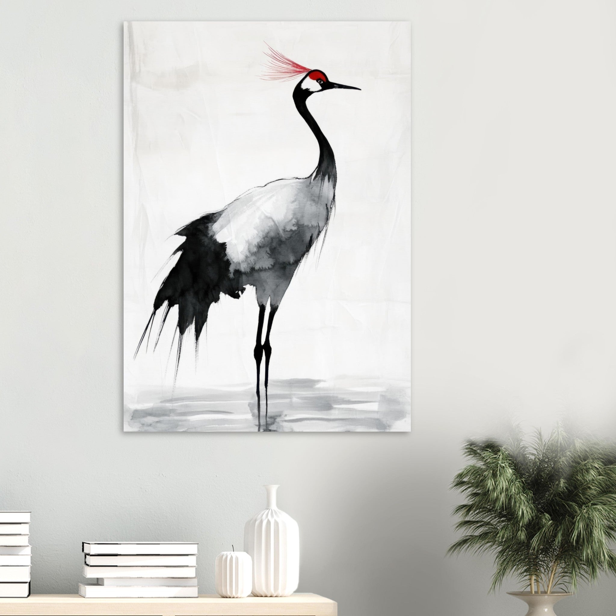 Aluminum Print Portrait - Japanese Ink Wash Painting of a Crane A graceful 2 - Shop Ai Art WebShop - Digital Art online Store