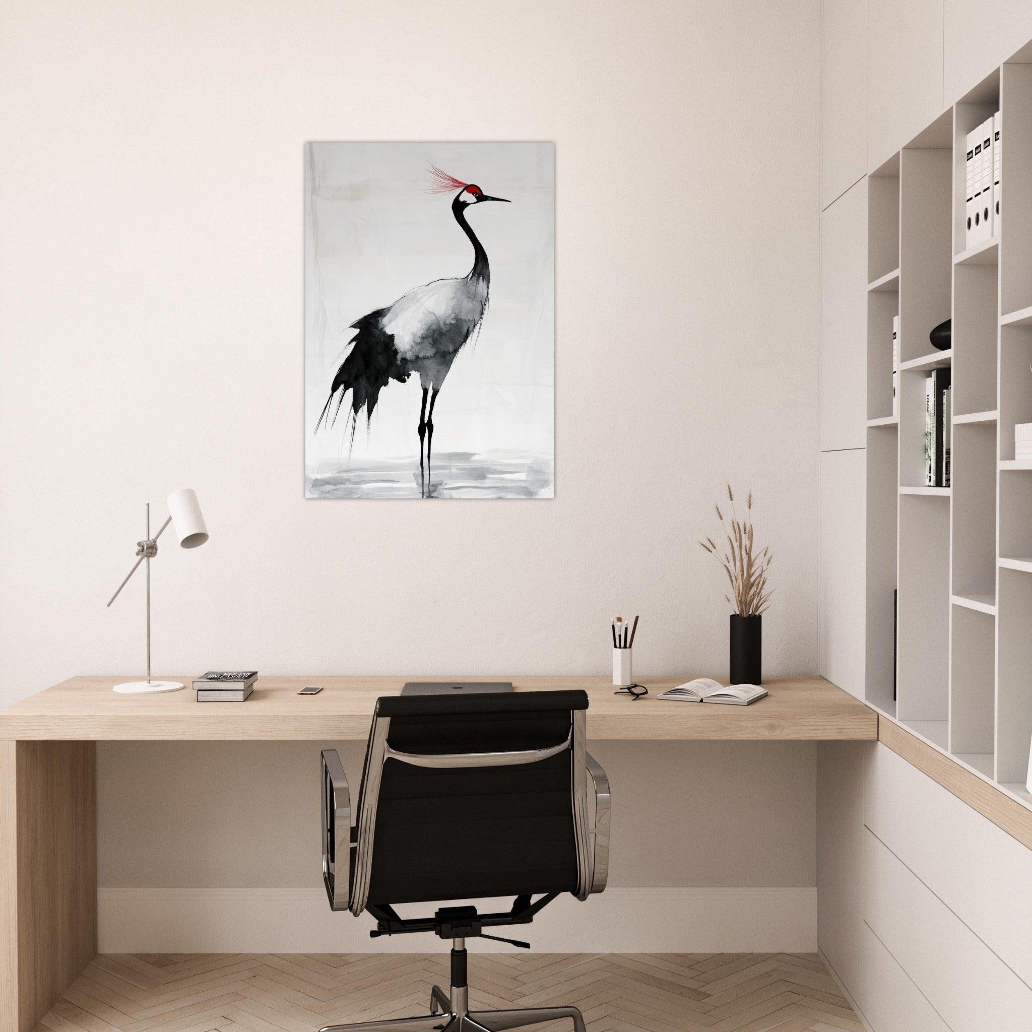 Aluminum Print Portrait - Japanese Ink Wash Painting of a Crane A graceful 2 - Shop Ai Art WebShop - Digital Art online Store