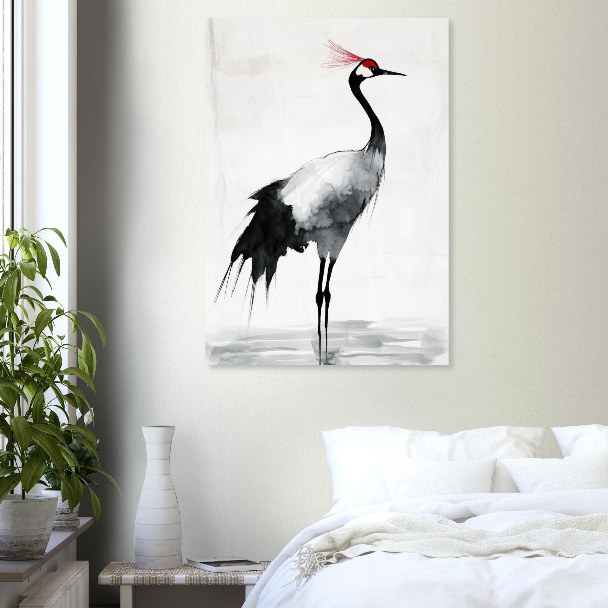 Aluminum Print Portrait - Japanese Ink Wash Painting of a Crane A graceful 2 - Shop Ai Art WebShop - Digital Art online Store