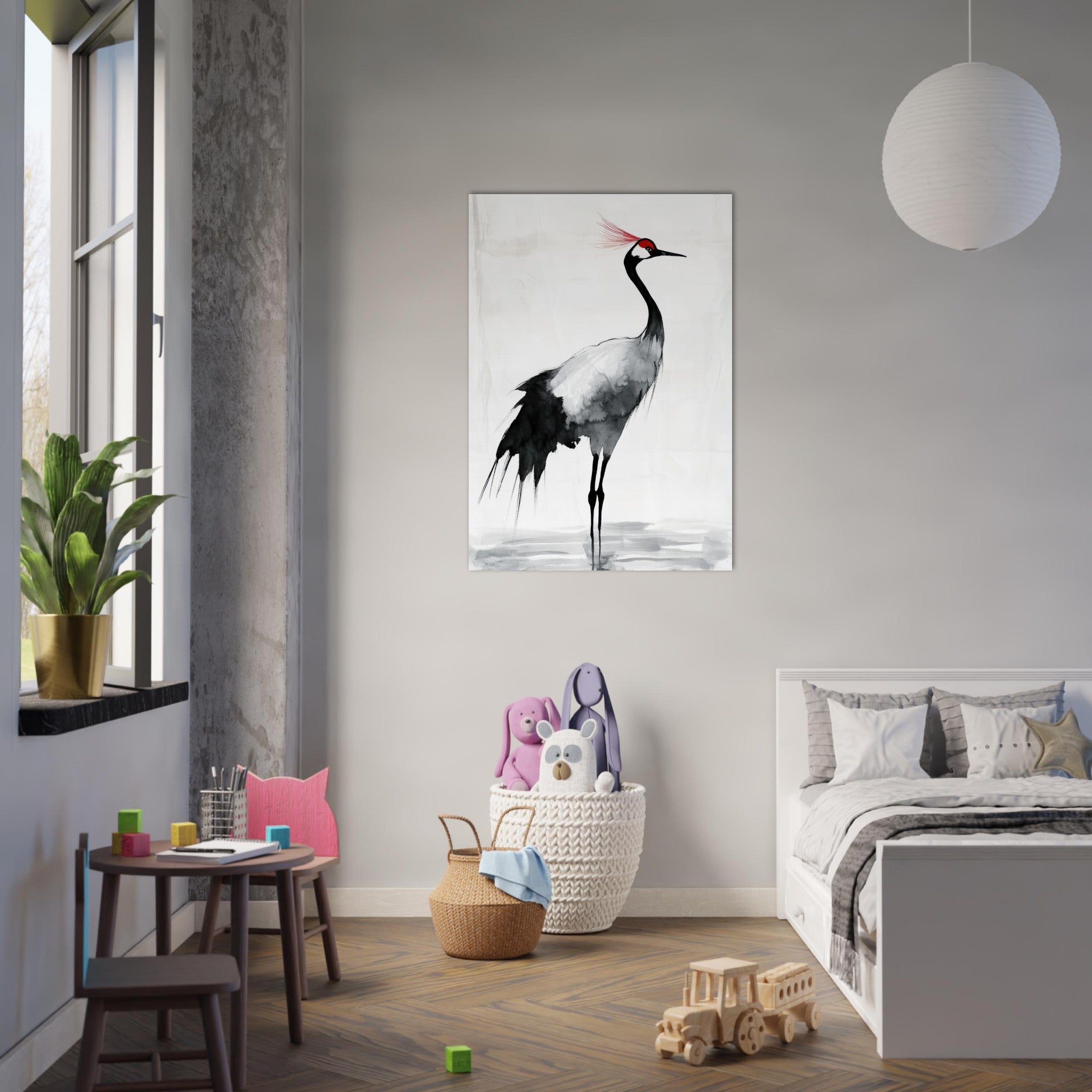 Aluminum Print Portrait - Japanese Ink Wash Painting of a Crane A graceful 2 - Shop Ai Art WebShop - Digital Art online Store