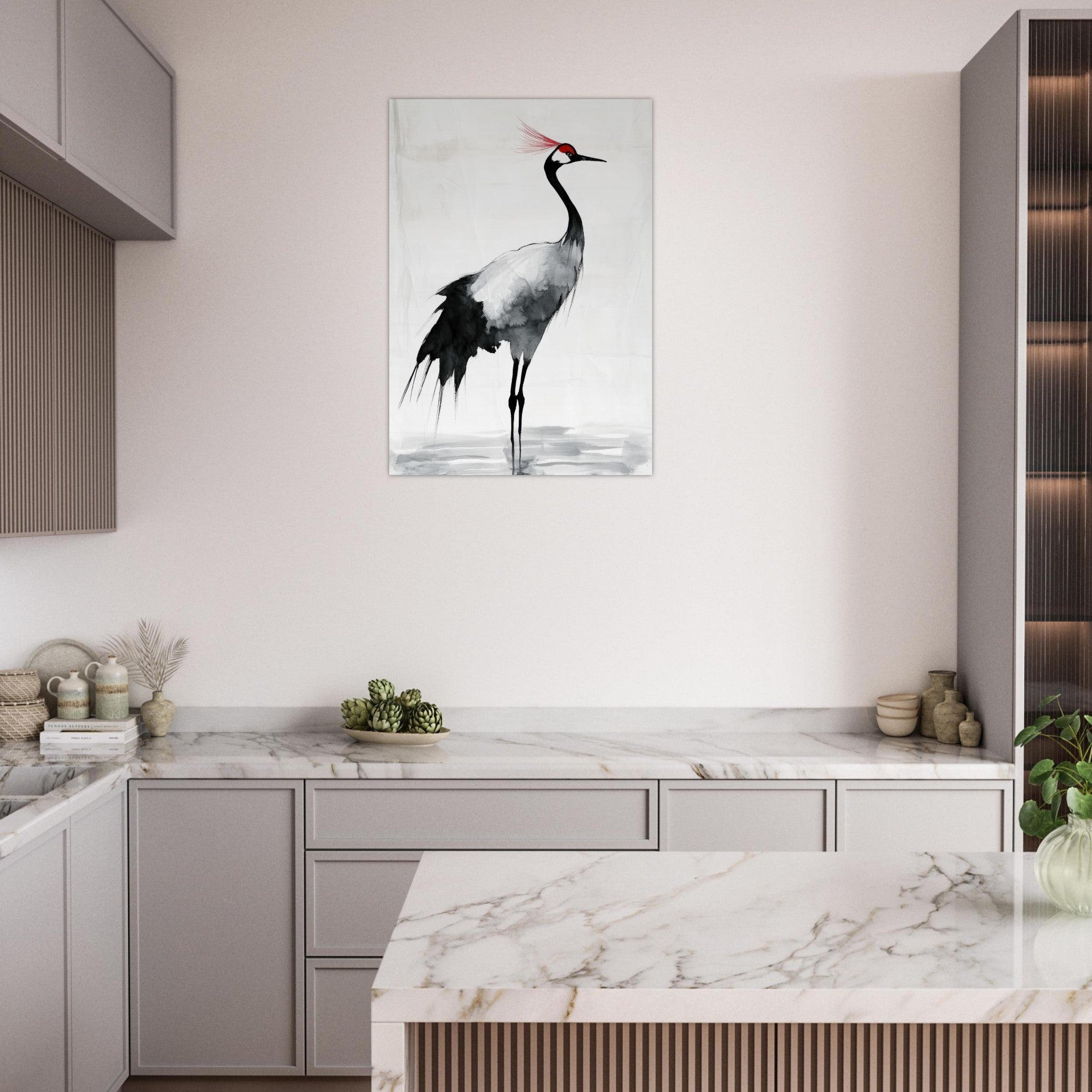 Aluminum Print Portrait - Japanese Ink Wash Painting of a Crane A graceful 2 - Shop Ai Art WebShop - Digital Art online Store