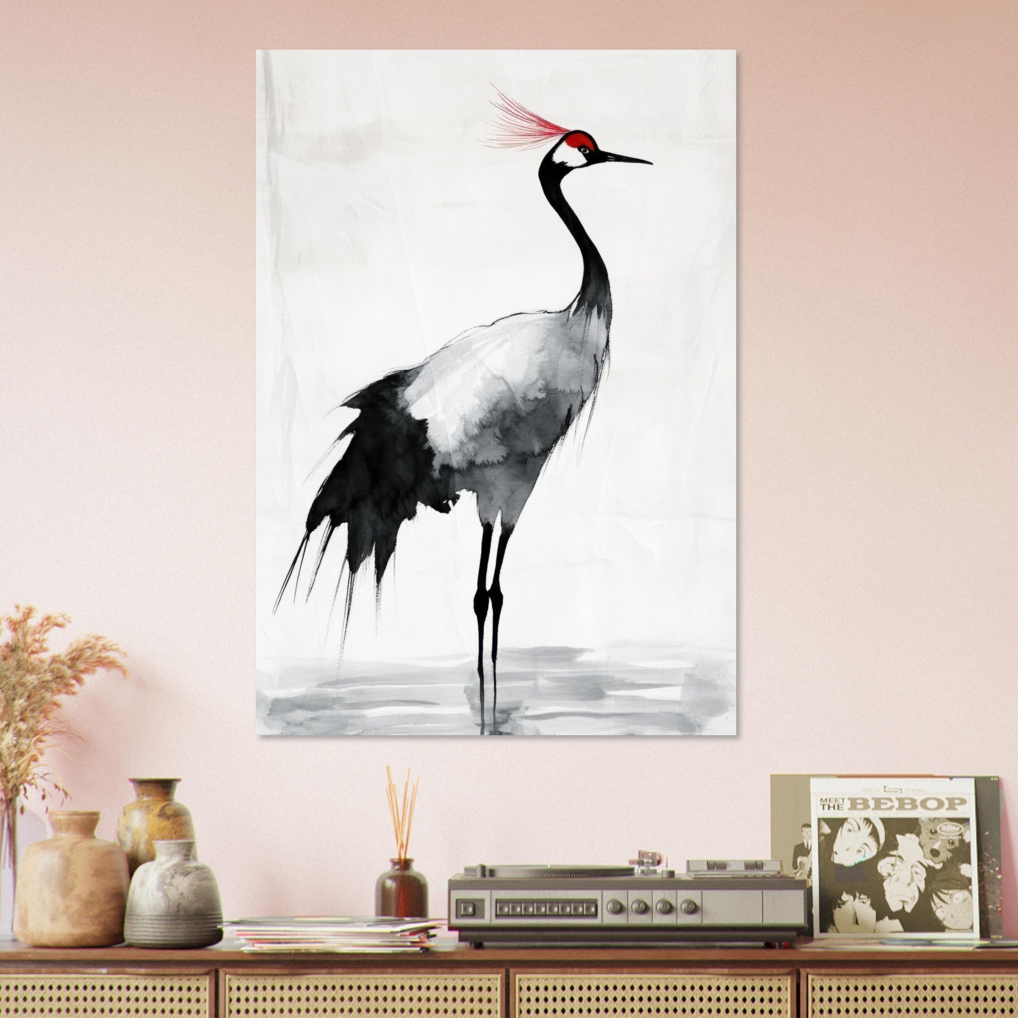Aluminum Print Portrait - Japanese Ink Wash Painting of a Crane A graceful 2 - Shop Ai Art WebShop - Digital Art online Store