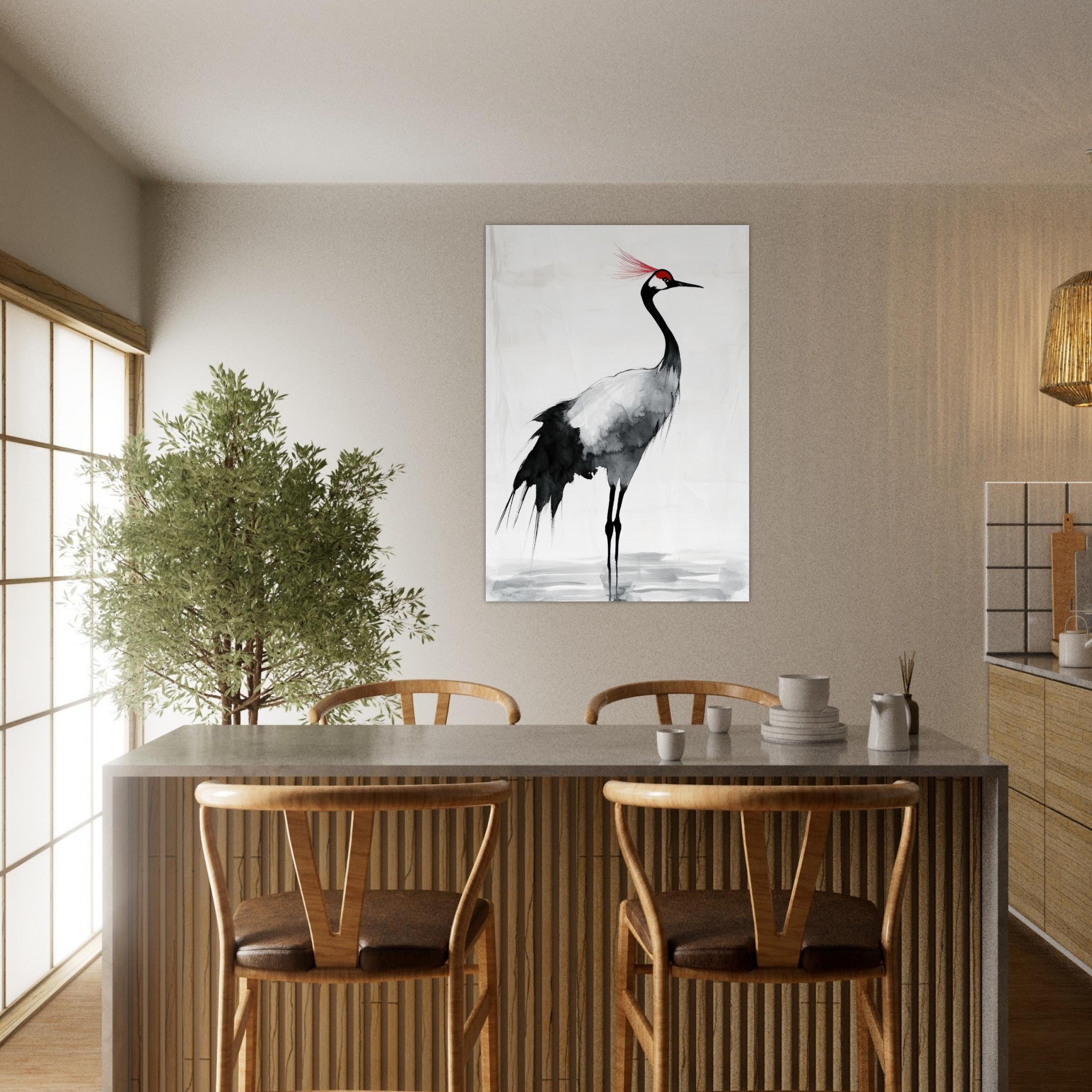 Aluminum Print Portrait - Japanese Ink Wash Painting of a Crane A graceful 2 - Shop Ai Art WebShop - Digital Art online Store