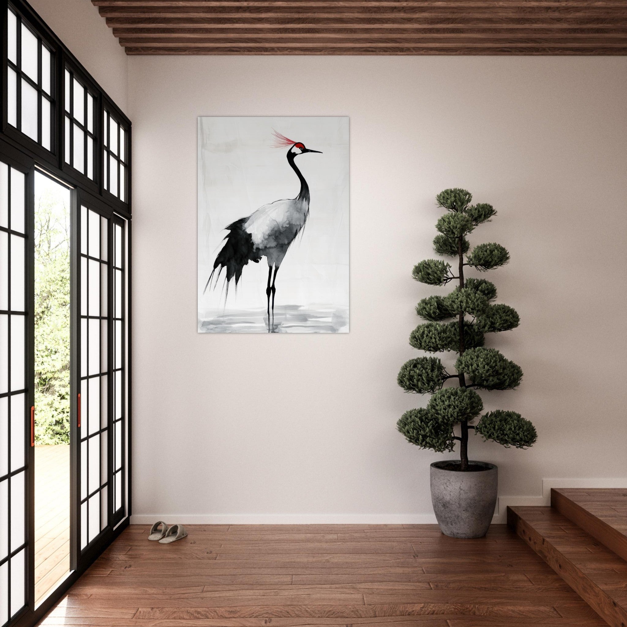 Aluminum Print Portrait - Japanese Ink Wash Painting of a Crane A graceful 2 - Shop Ai Art WebShop - Digital Art online Store