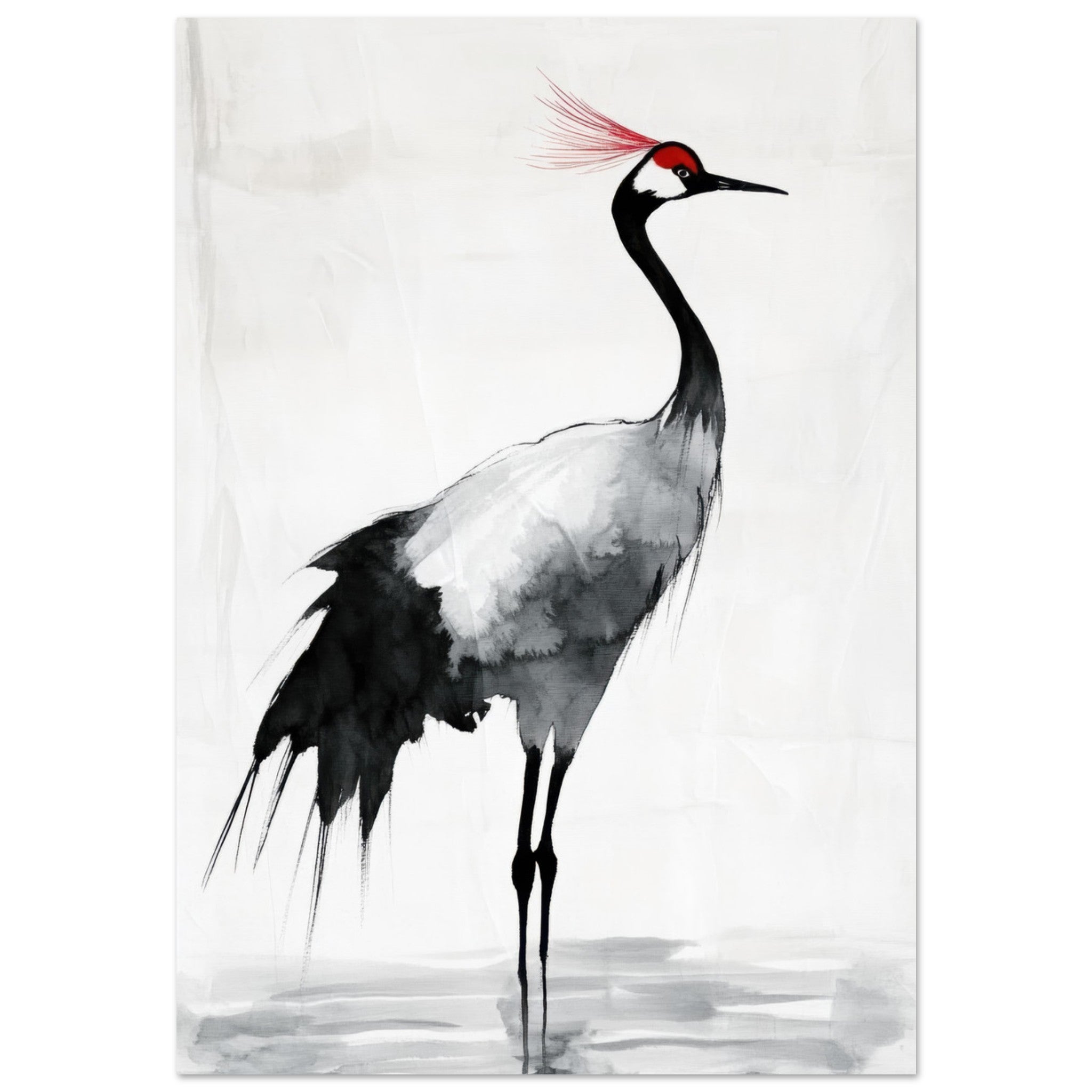 Aluminum Print Portrait - Japanese Ink Wash Painting of a Crane A graceful 2 - Shop Ai Art WebShop - Digital Art online Store