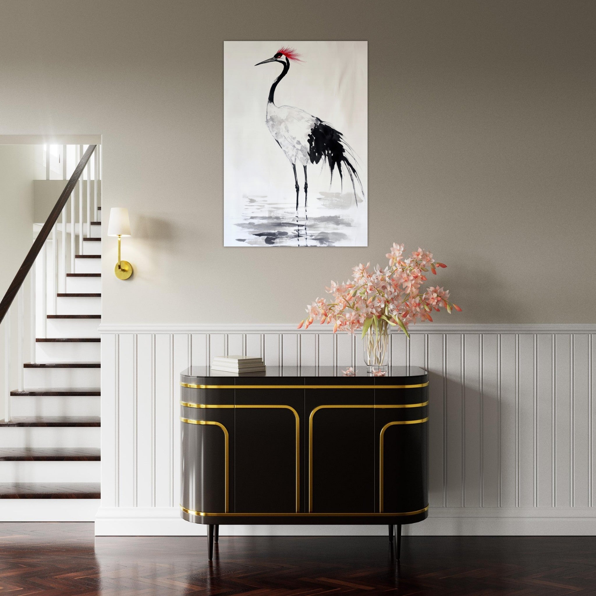 Aluminum Print Portrait - Japanese Ink Wash Painting of a Crane A graceful - Shop Ai Art WebShop - Digital Art online Store