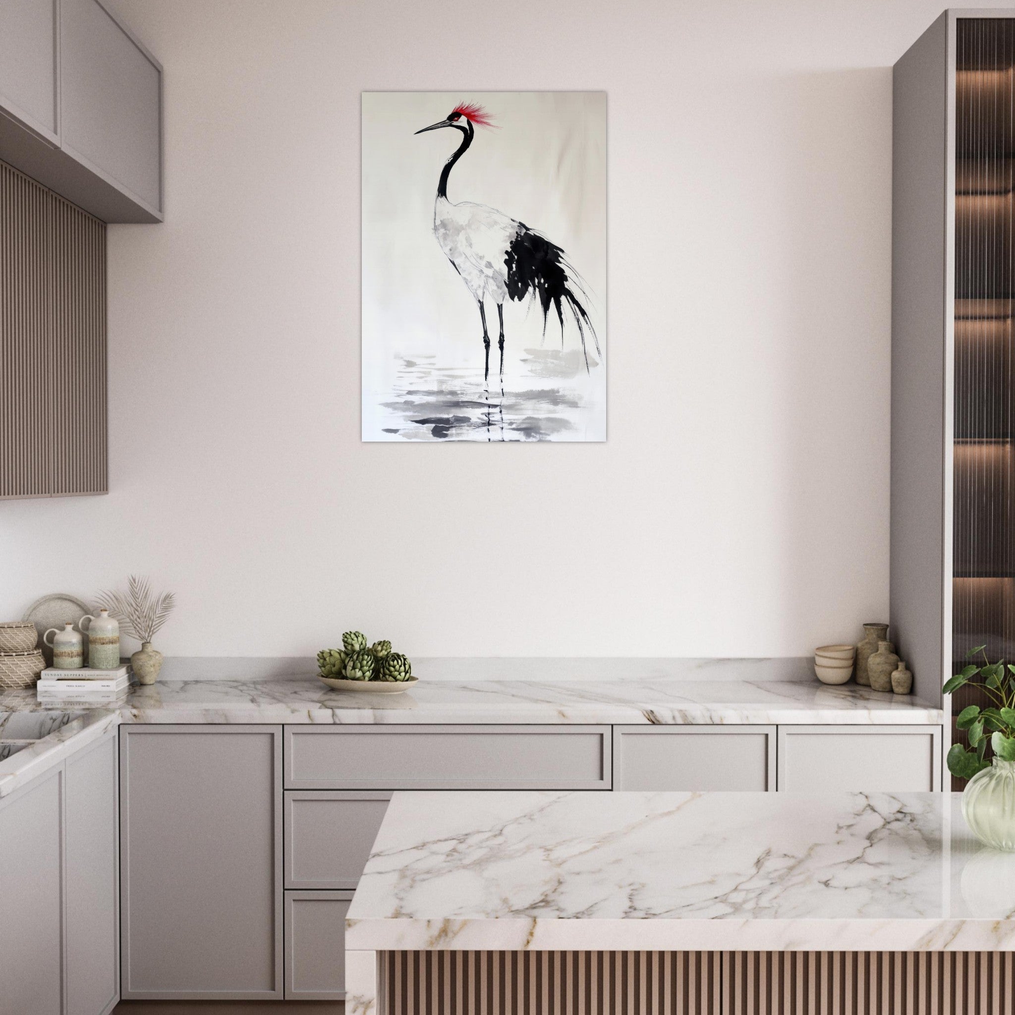 Aluminum Print Portrait - Japanese Ink Wash Painting of a Crane A graceful - Shop Ai Art WebShop - Digital Art online Store