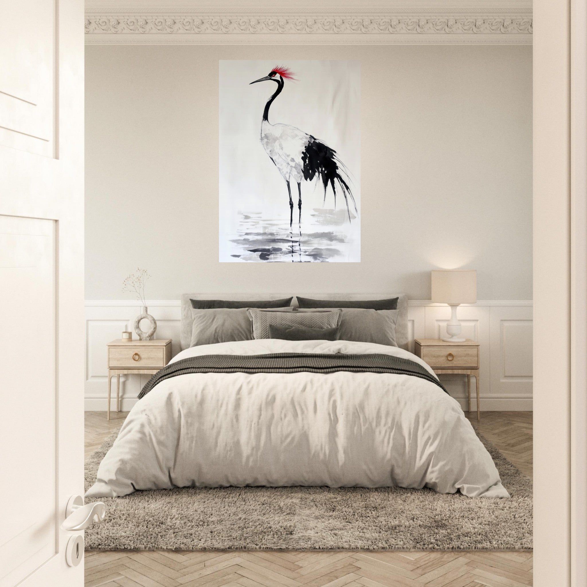 Aluminum Print Portrait - Japanese Ink Wash Painting of a Crane A graceful - Shop Ai Art WebShop - Digital Art online Store