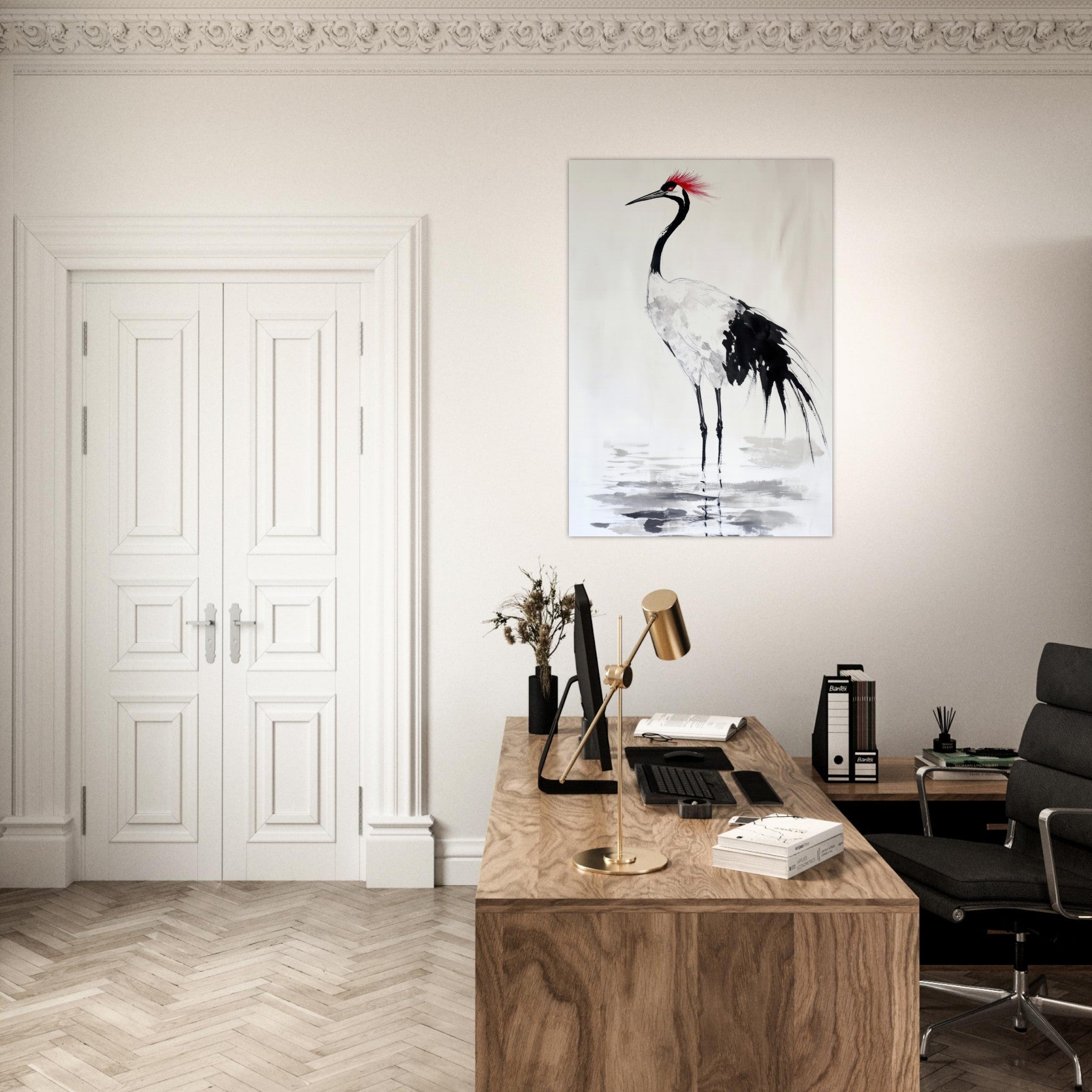Aluminum Print Portrait - Japanese Ink Wash Painting of a Crane A graceful - Shop Ai Art WebShop - Digital Art online Store