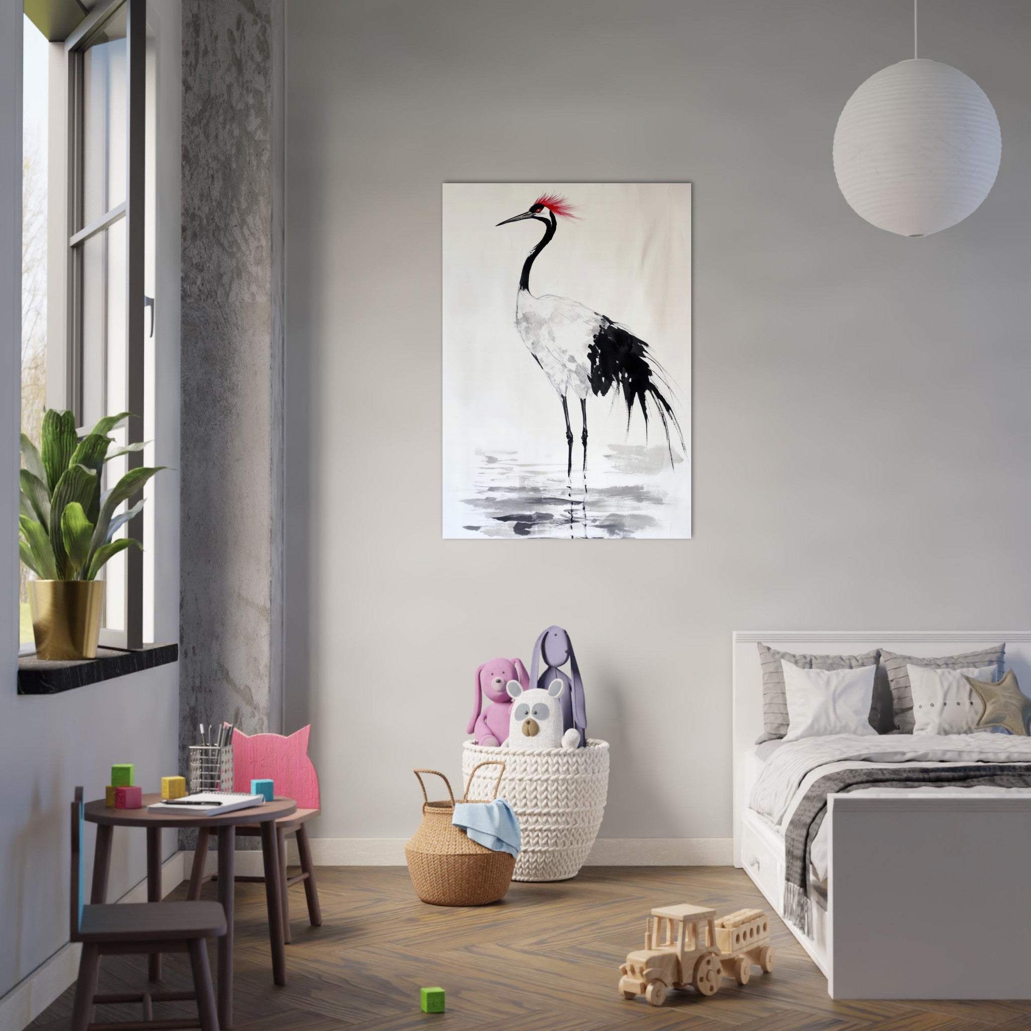 Aluminum Print Portrait - Japanese Ink Wash Painting of a Crane A graceful - Shop Ai Art WebShop - Digital Art online Store