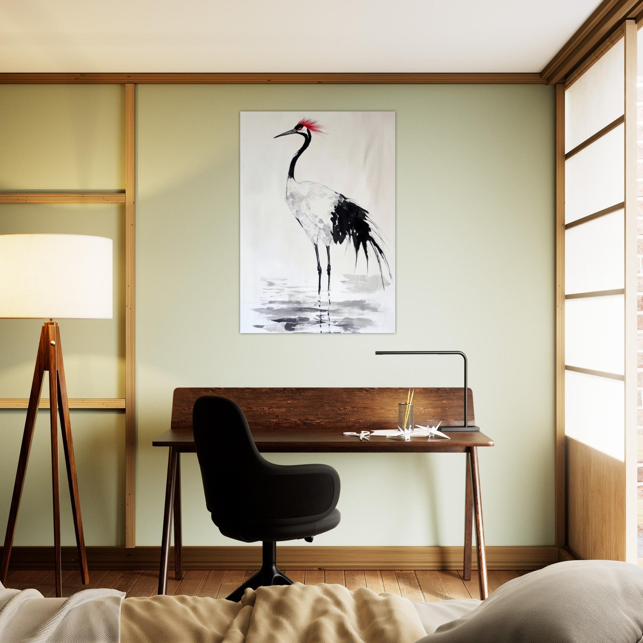 Aluminum Print Portrait - Japanese Ink Wash Painting of a Crane A graceful - Shop Ai Art WebShop - Digital Art online Store