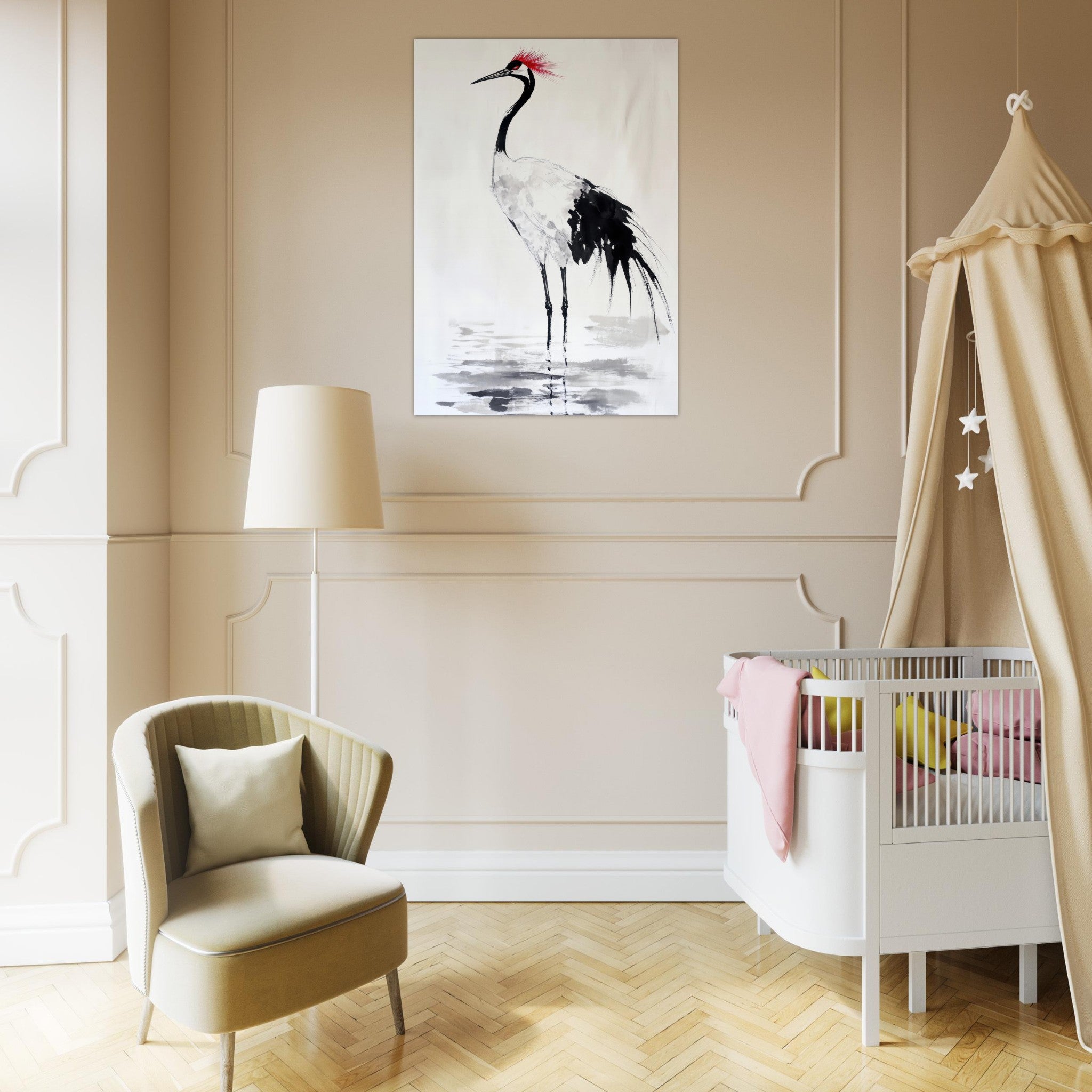 Aluminum Print Portrait - Japanese Ink Wash Painting of a Crane A graceful - Shop Ai Art WebShop - Digital Art online Store