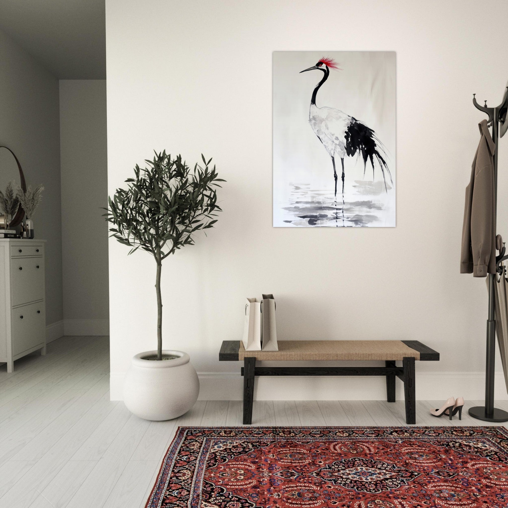 Aluminum Print Portrait - Japanese Ink Wash Painting of a Crane A graceful - Shop Ai Art WebShop - Digital Art online Store