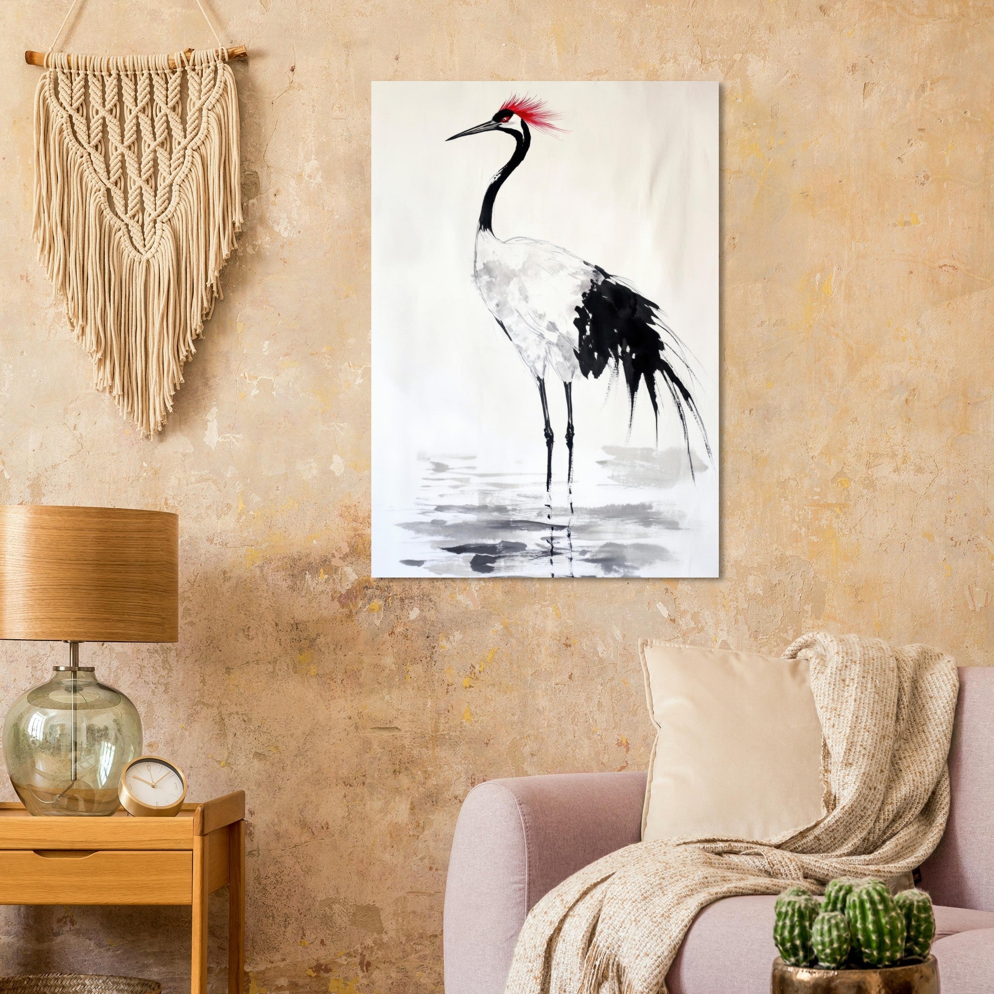 Aluminum Print Portrait - Japanese Ink Wash Painting of a Crane A graceful - Shop Ai Art WebShop - Digital Art online Store