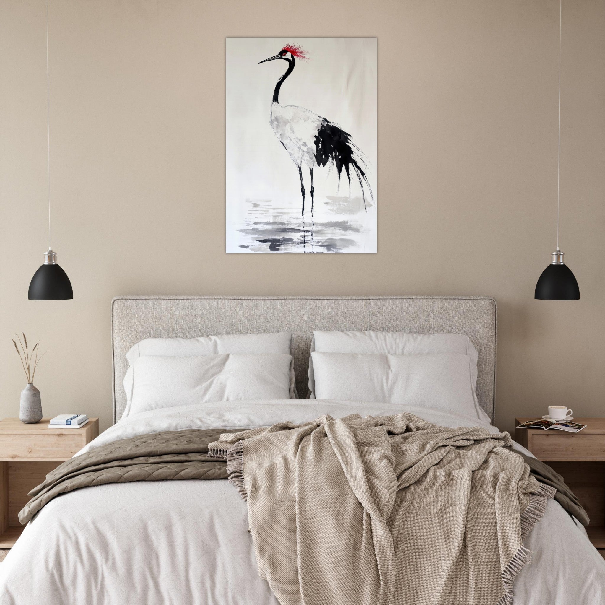 Aluminum Print Portrait - Japanese Ink Wash Painting of a Crane A graceful - Shop Ai Art WebShop - Digital Art online Store