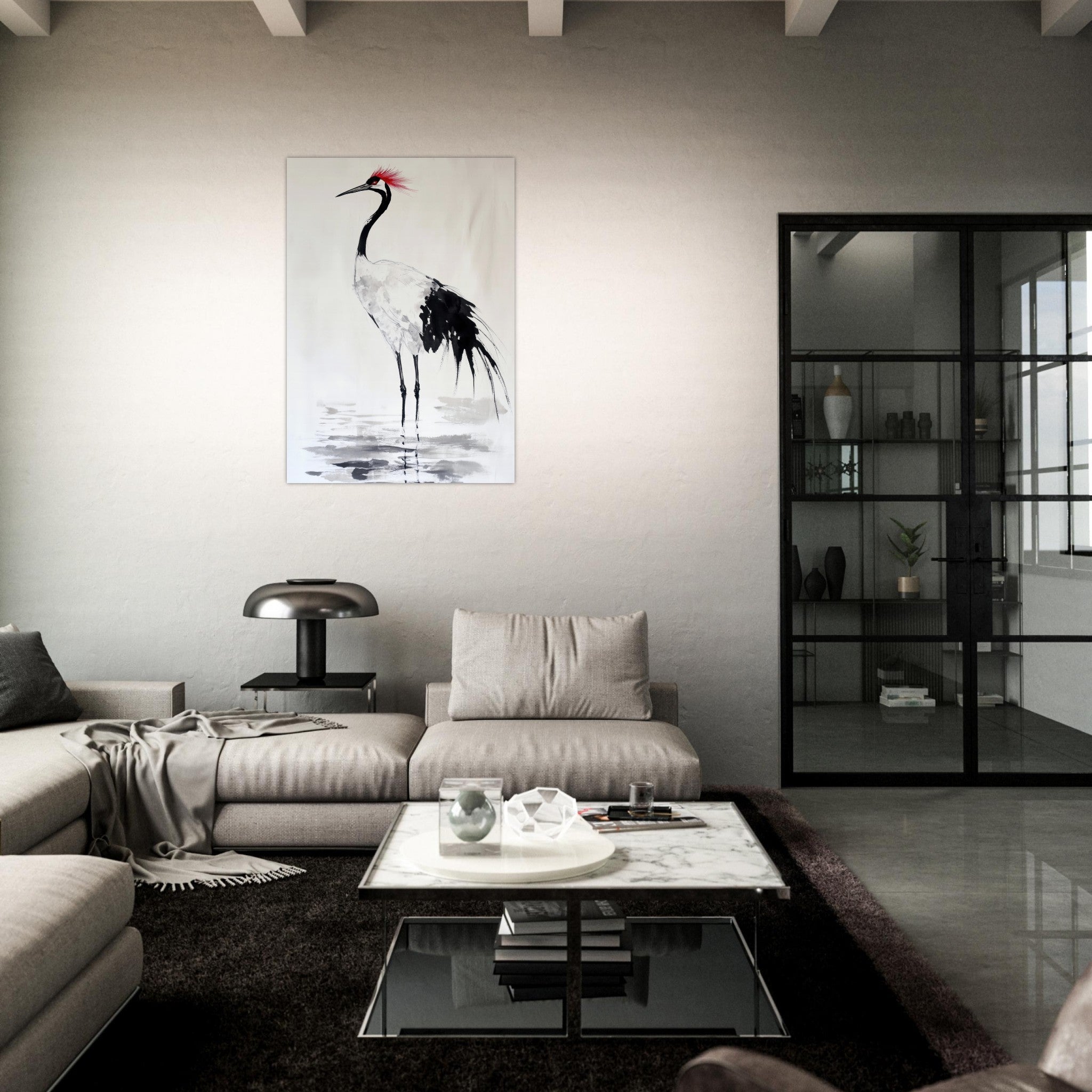 Aluminum Print Portrait - Japanese Ink Wash Painting of a Crane A graceful - Shop Ai Art WebShop - Digital Art online Store