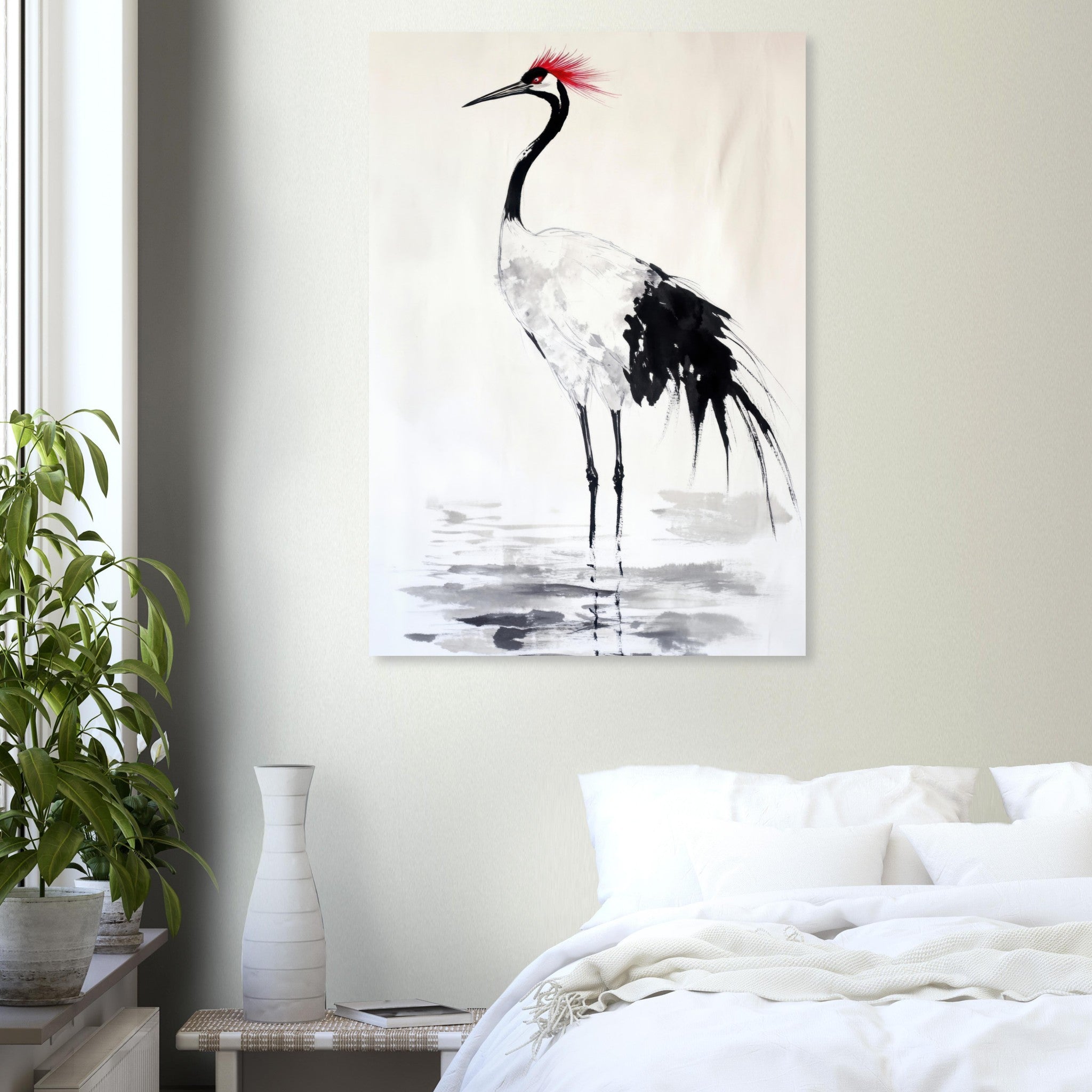 Aluminum Print Portrait - Japanese Ink Wash Painting of a Crane A graceful - Shop Ai Art WebShop - Digital Art online Store