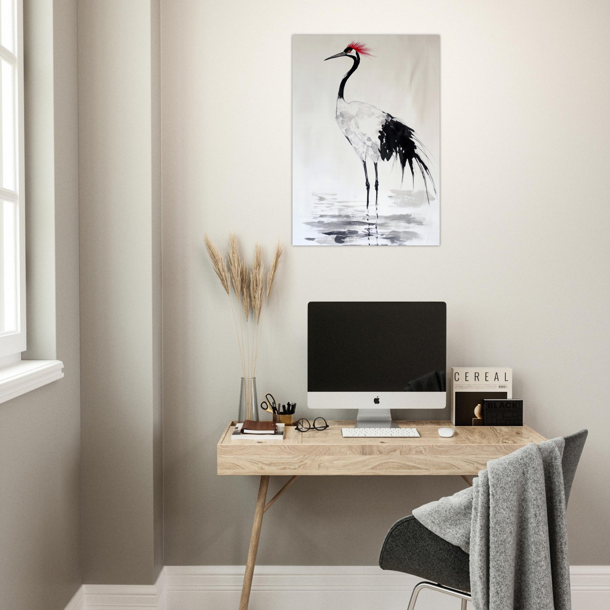 Aluminum Print Portrait - Japanese Ink Wash Painting of a Crane A graceful - Shop Ai Art WebShop - Digital Art online Store