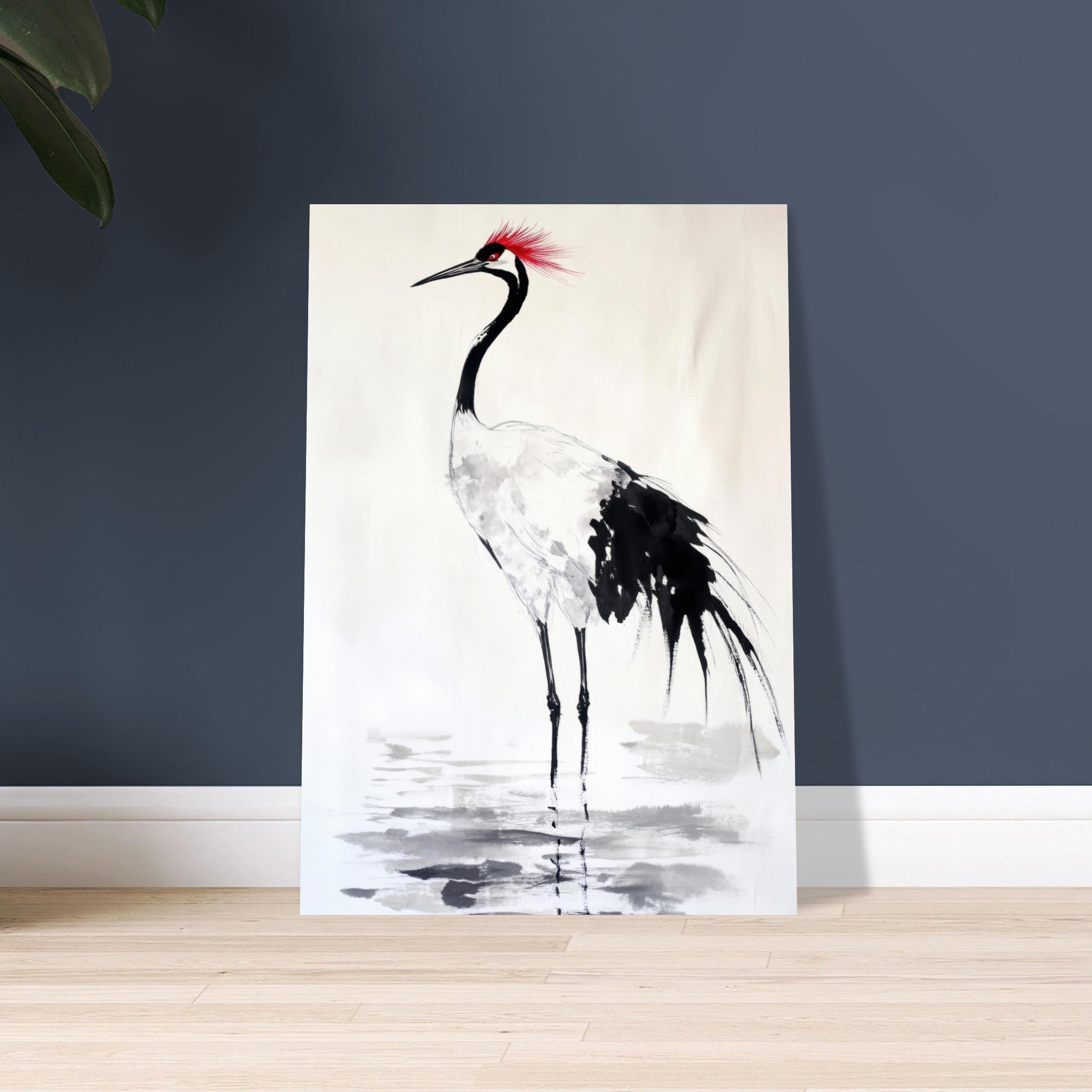 Aluminum Print Portrait - Japanese Ink Wash Painting of a Crane A graceful - Shop Ai Art WebShop - Digital Art online Store