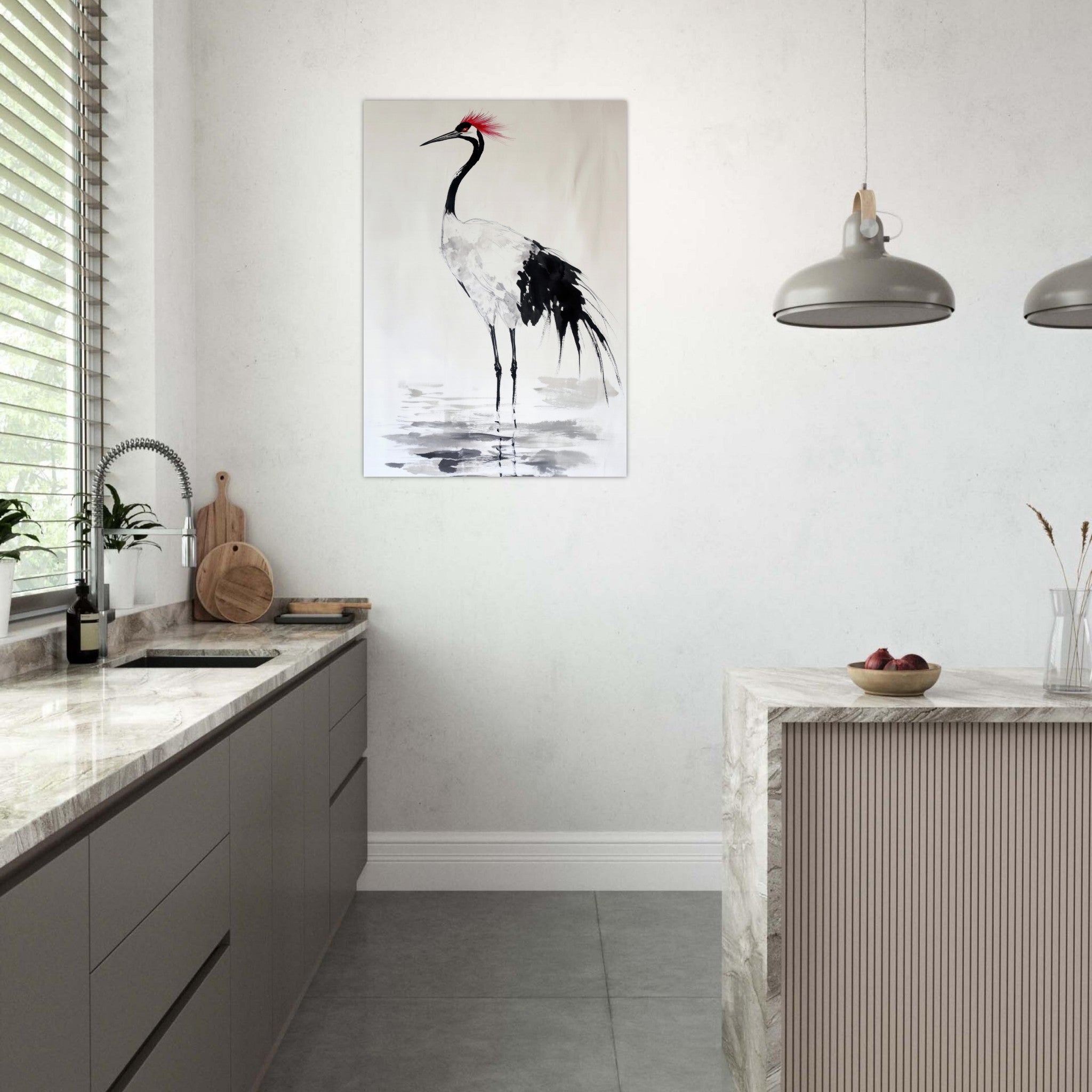 Aluminum Print Portrait - Japanese Ink Wash Painting of a Crane A graceful - Shop Ai Art WebShop - Digital Art online Store