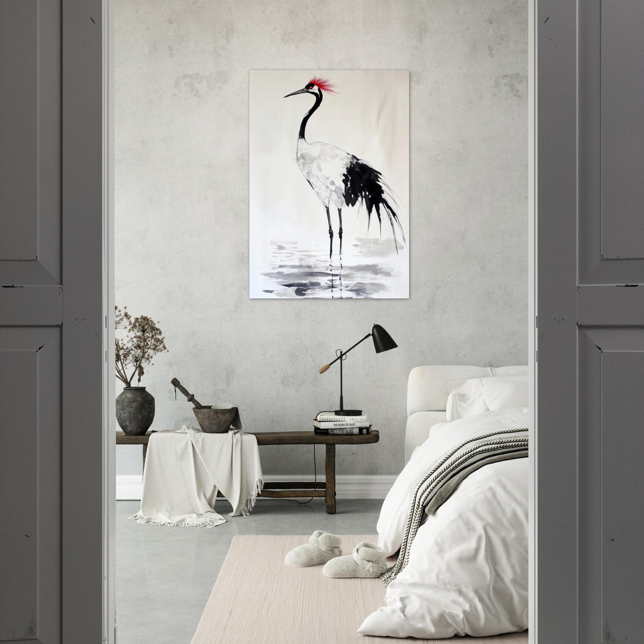 Aluminum Print Portrait - Japanese Ink Wash Painting of a Crane A graceful - Shop Ai Art WebShop - Digital Art online Store