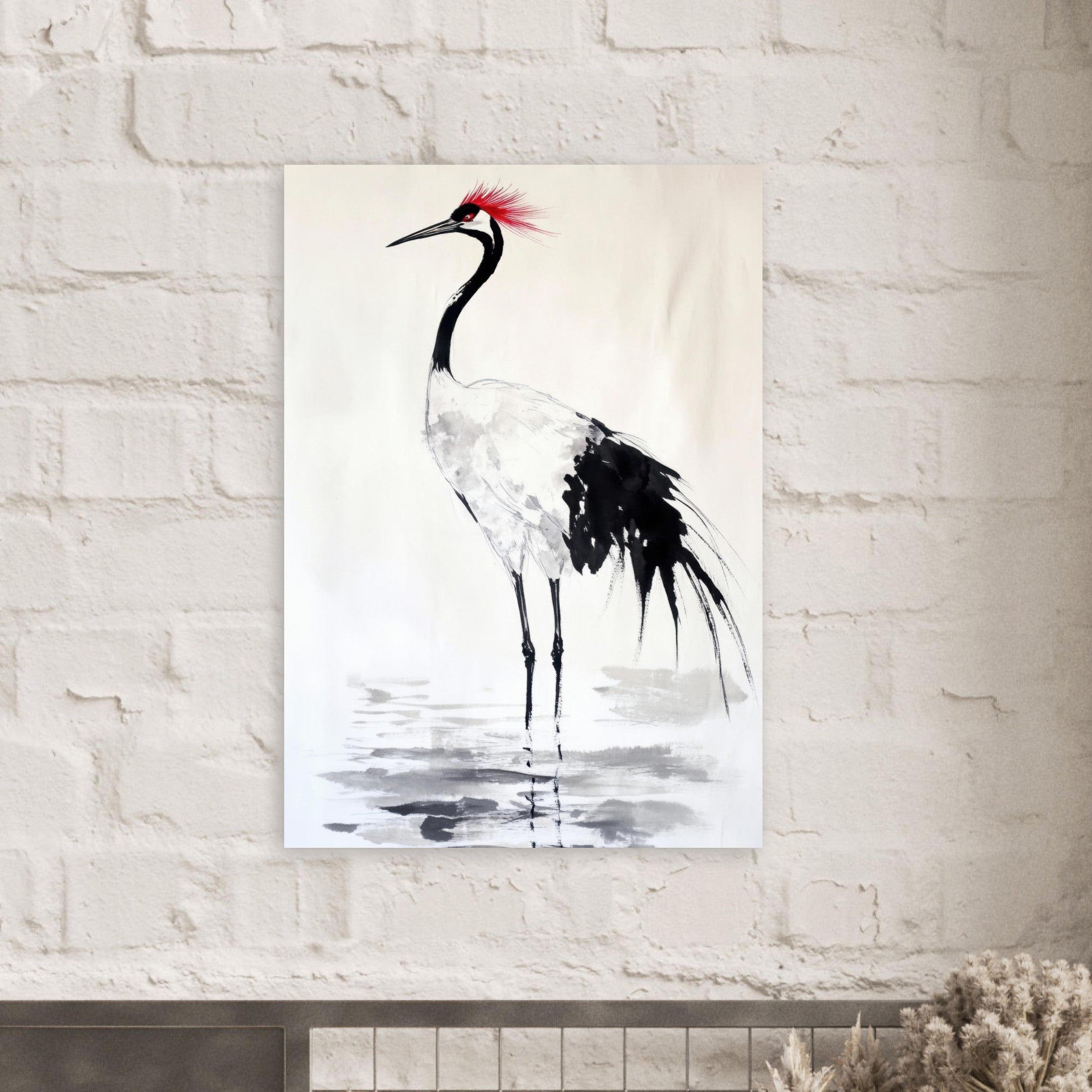 Aluminum Print Portrait - Japanese Ink Wash Painting of a Crane A graceful - Shop Ai Art WebShop - Digital Art online Store