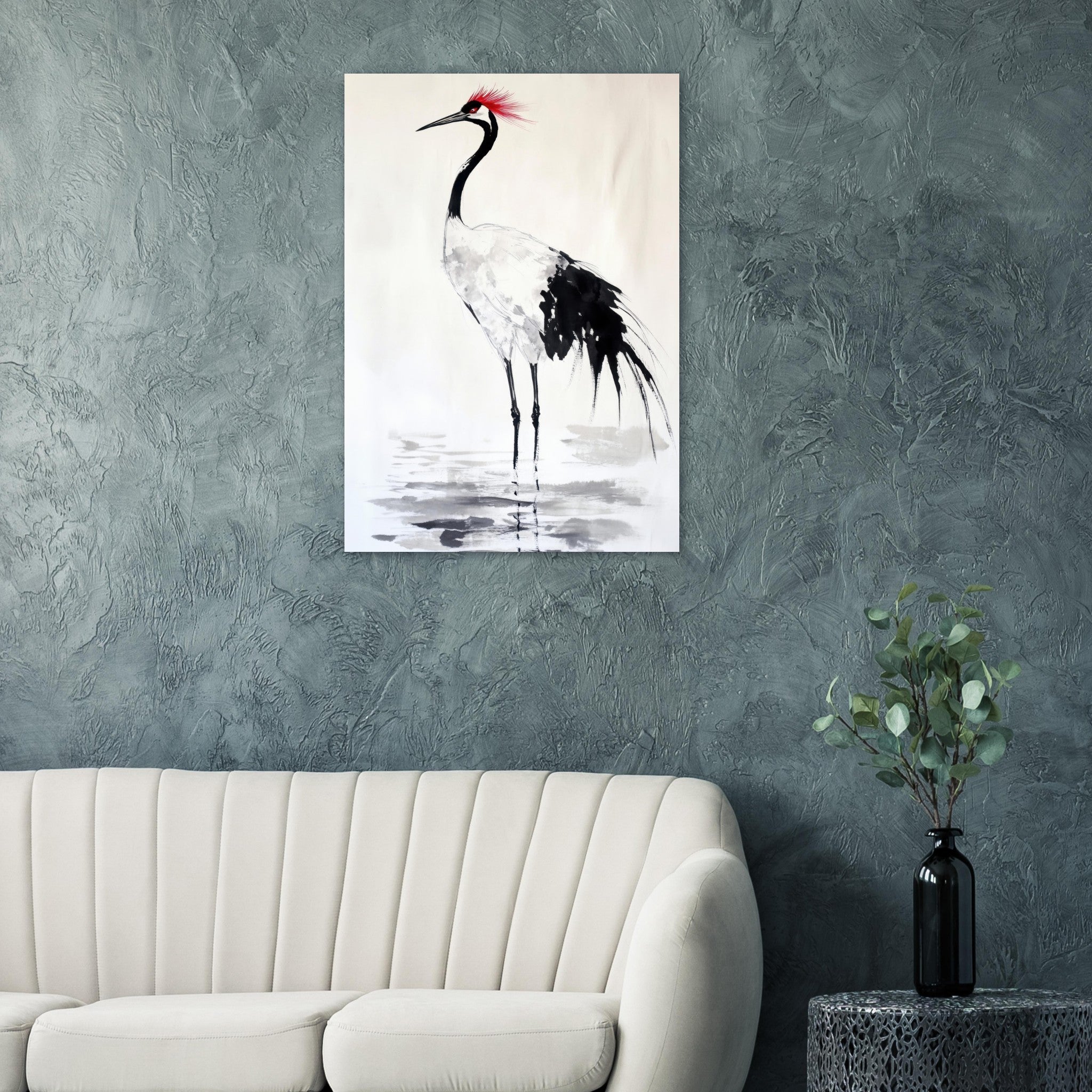 Aluminum Print Portrait - Japanese Ink Wash Painting of a Crane A graceful - Shop Ai Art WebShop - Digital Art online Store