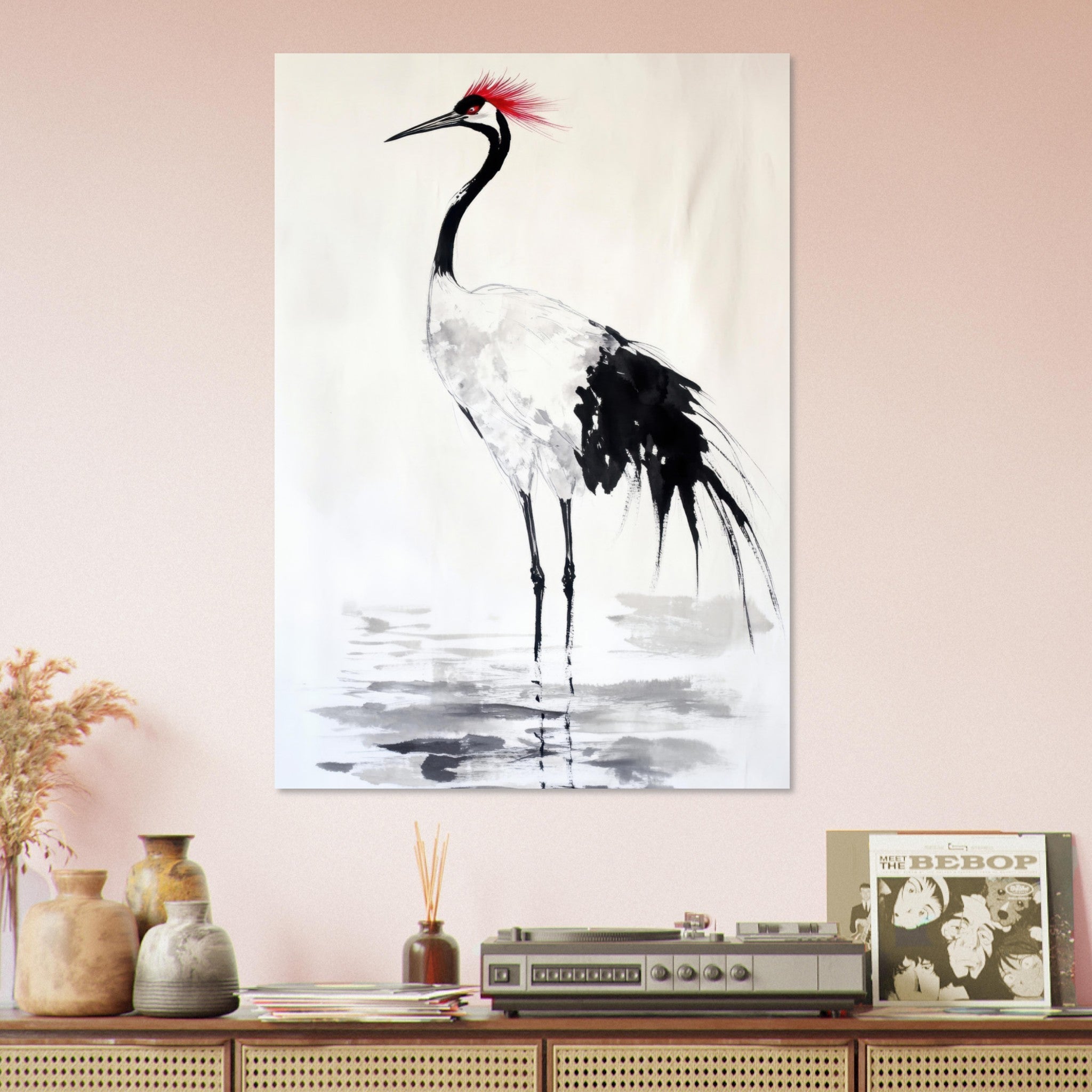 Aluminum Print Portrait - Japanese Ink Wash Painting of a Crane A graceful - Shop Ai Art WebShop - Digital Art online Store